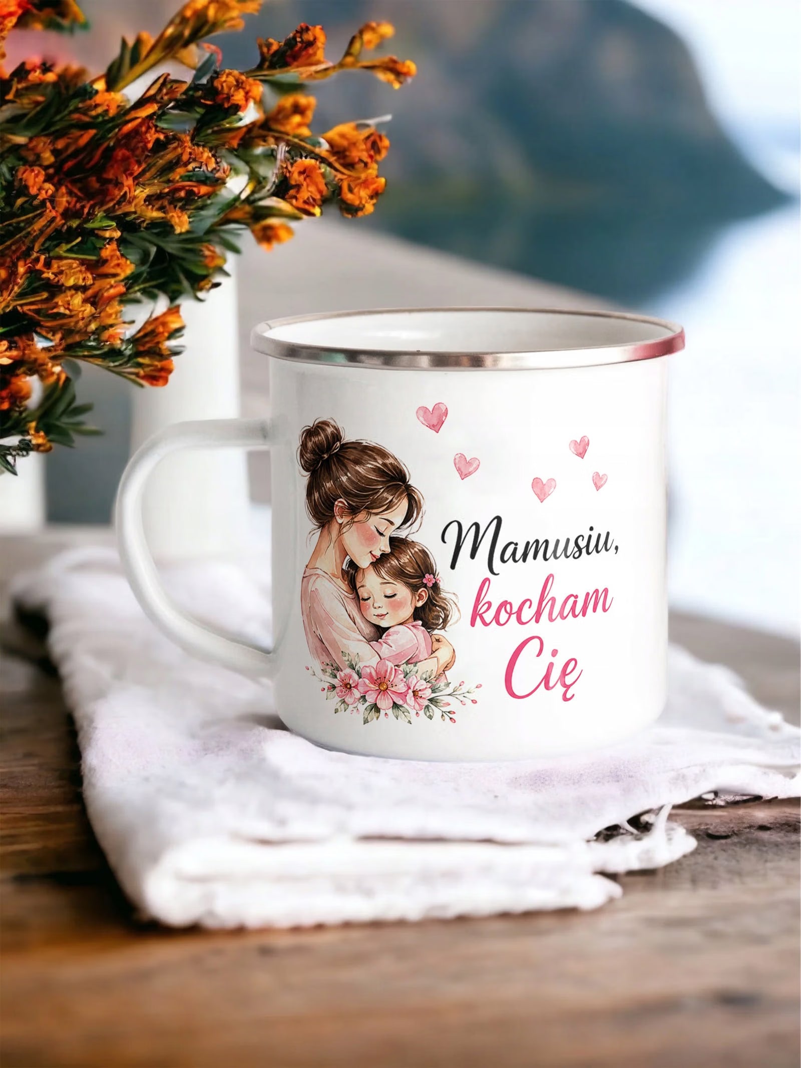 Kubek Emaliowany dla mamy Dzień Matki fajny z z Nadrukiem Biały Metalowy