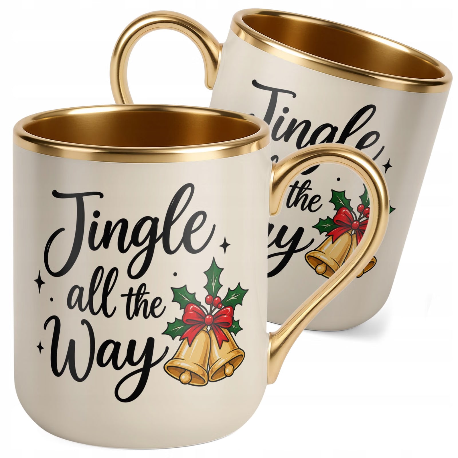 Kubek Premium Złoty Ecru Boże Narodzenie Święta Jingle All The Way Prezent