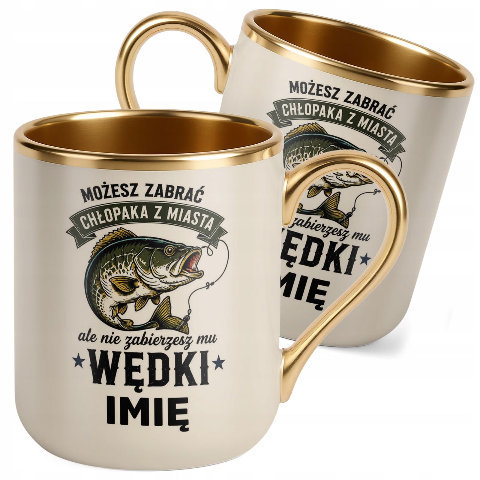 Kubek Personalizowany z nadrukiem Premium Złoty Ecru Dla Wędkarza Prezent