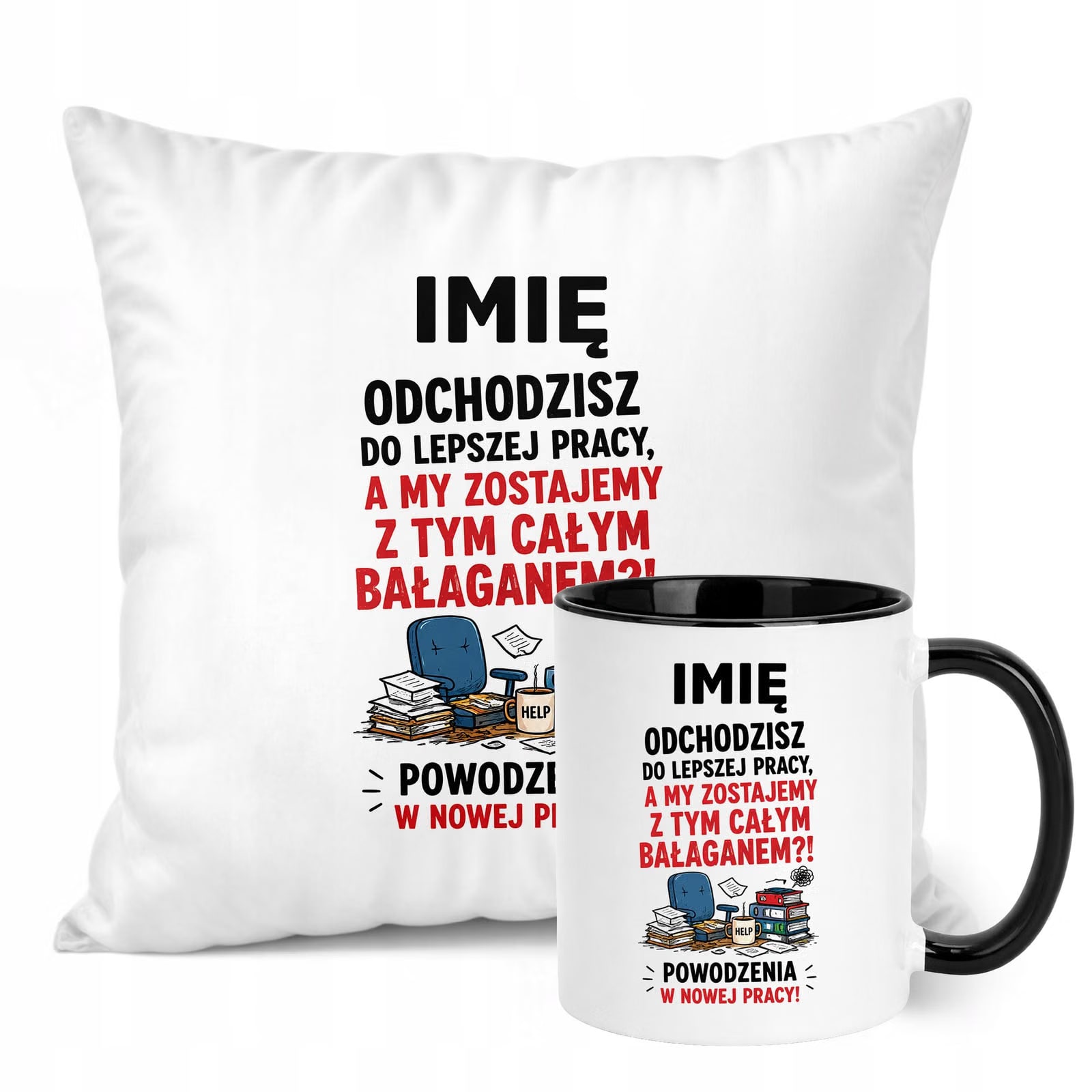 Zestaw Personalizowany Kubek Czarny Poduszka Odejście z Pracy Prezent
