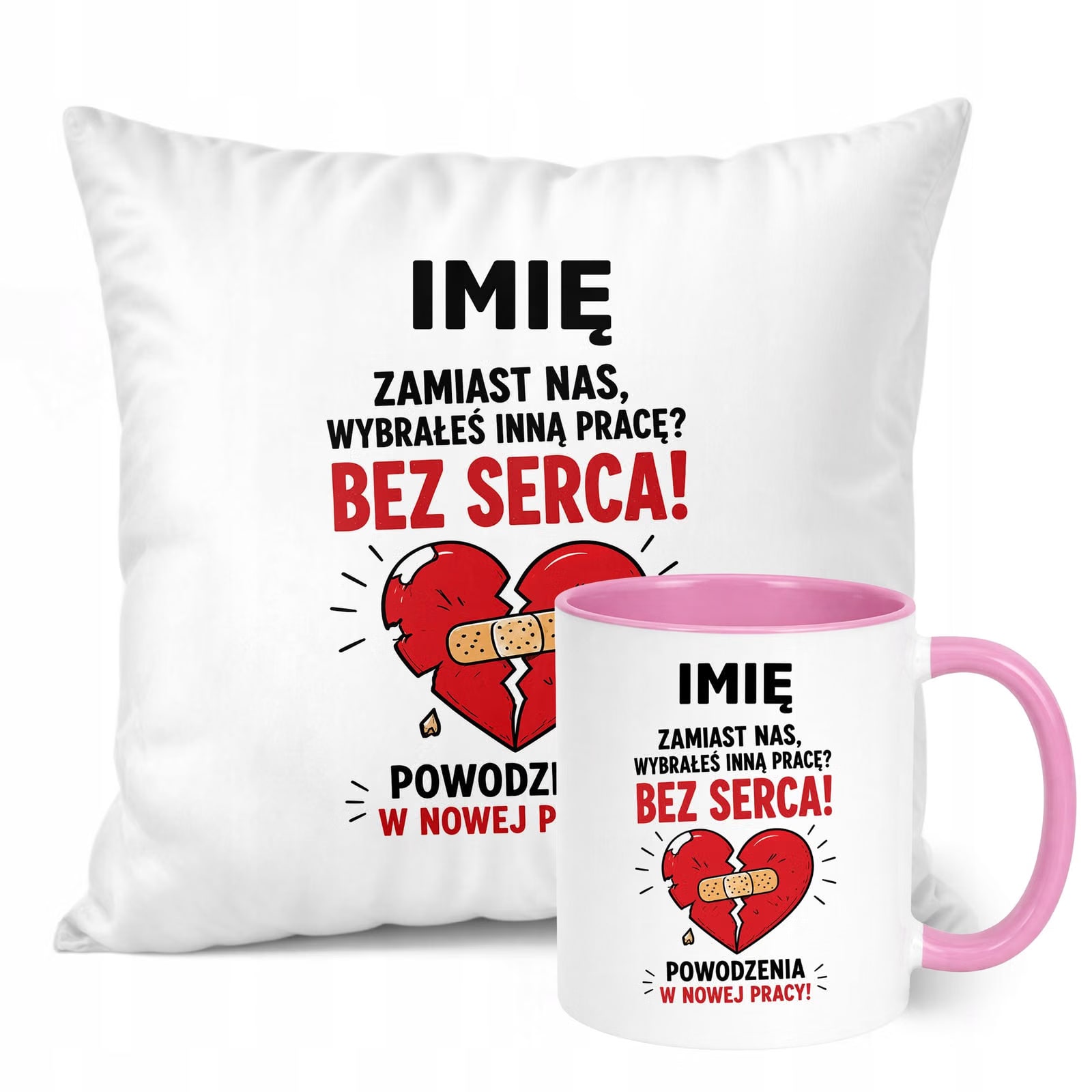 Zestaw Personalizowany Kubek Różowy Poduszka Odejście z Pracy Prezent