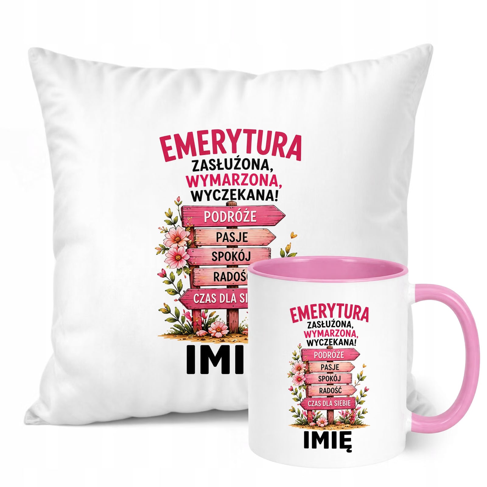 Zestaw Personalizowany Kubek Różowy Poduszka Emerytura Upominek Prezent