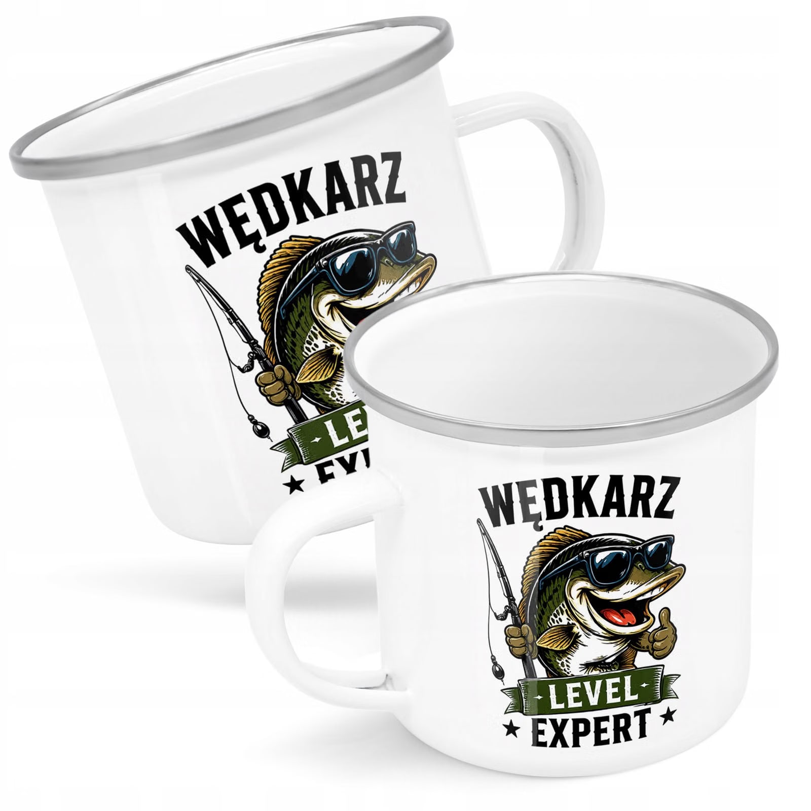 Kubek Emaliowany Dla Wędkarza z Nadrukiem Biały Metalowy Prezent