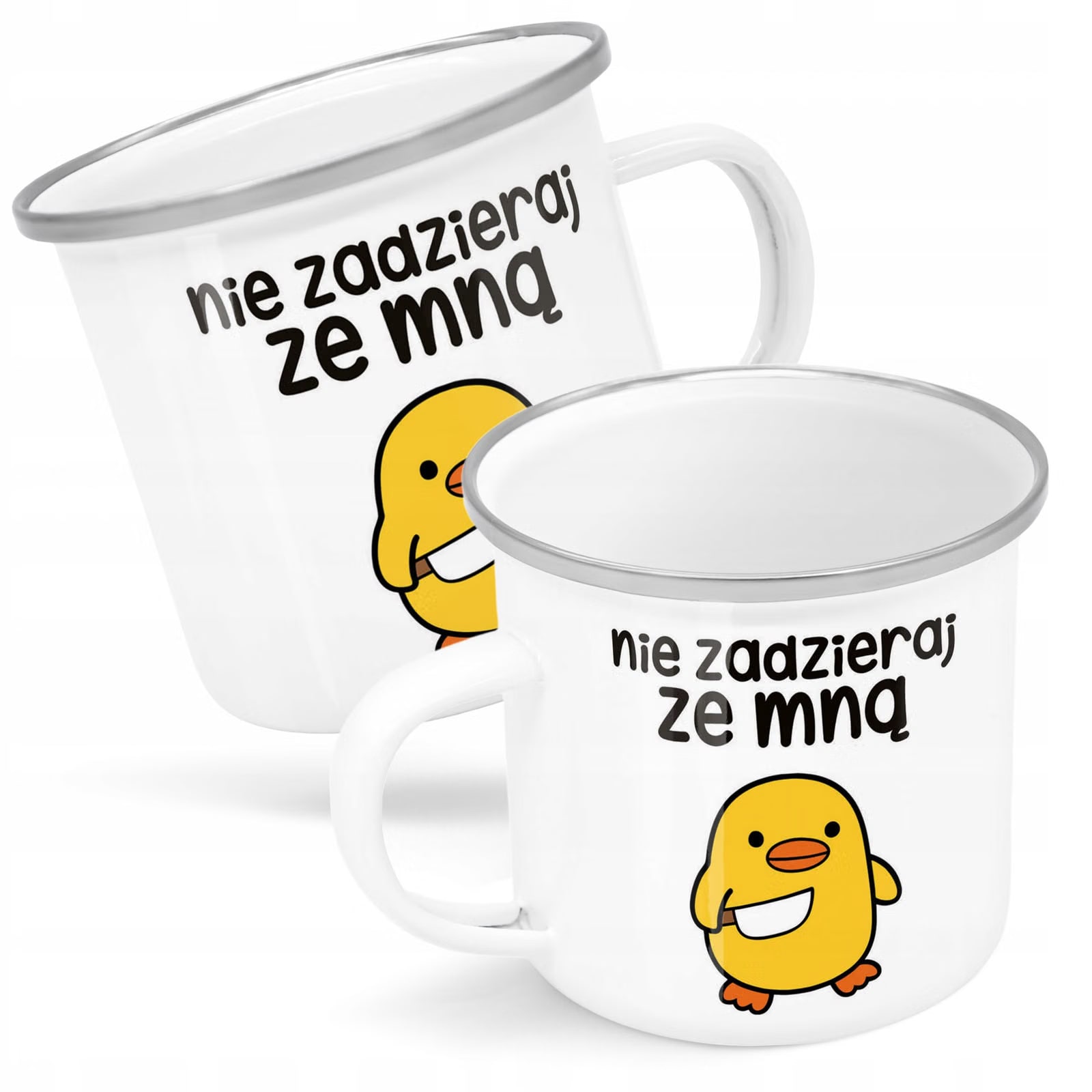 Kubek Emaliowany Nie Zadzieraj Ze Mną Zabawny z Nadrukiem Biały Metalowy