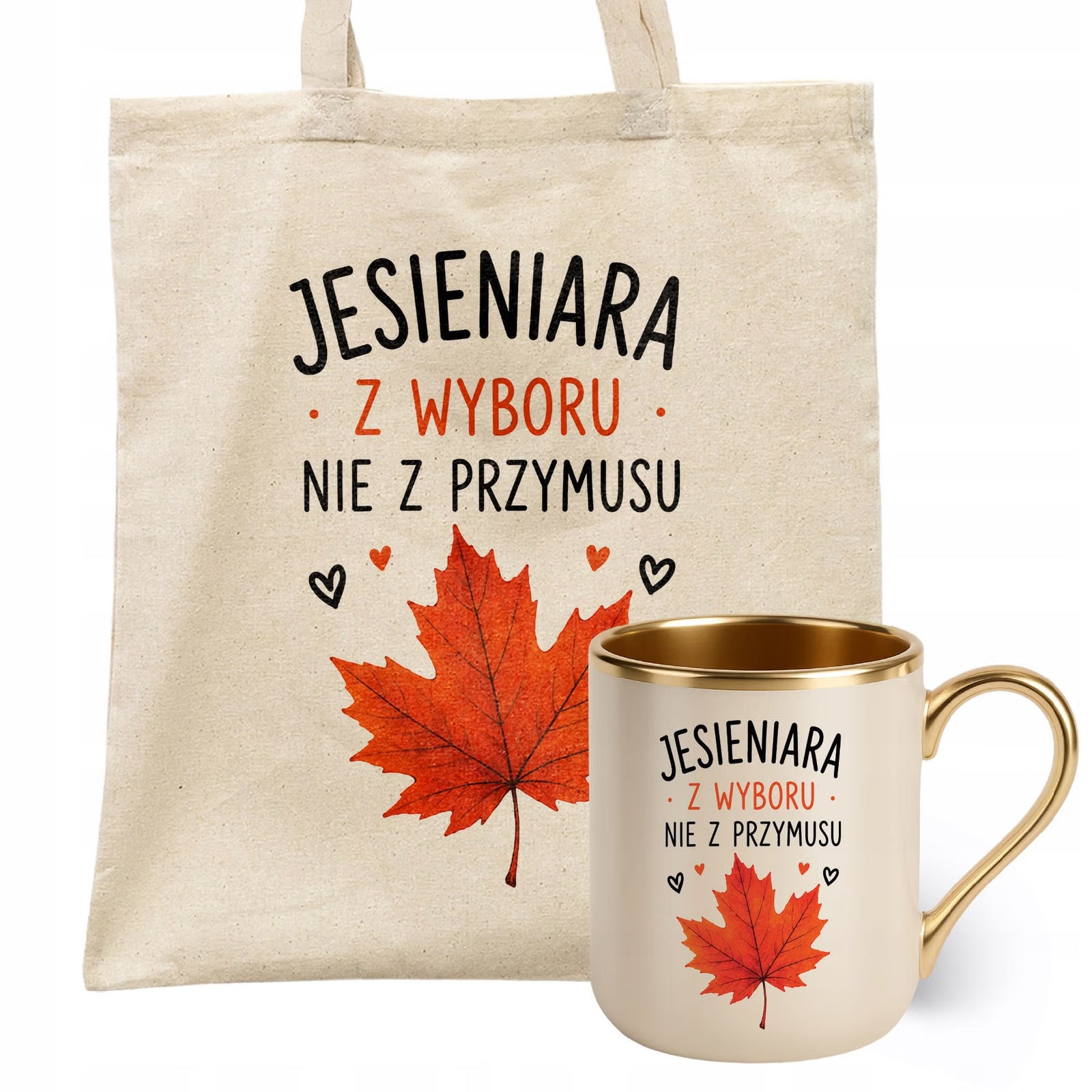 Zestaw Kubek Premium Złoty Ecru Torba Shopper Ecru Z Nadrukiem Jesień