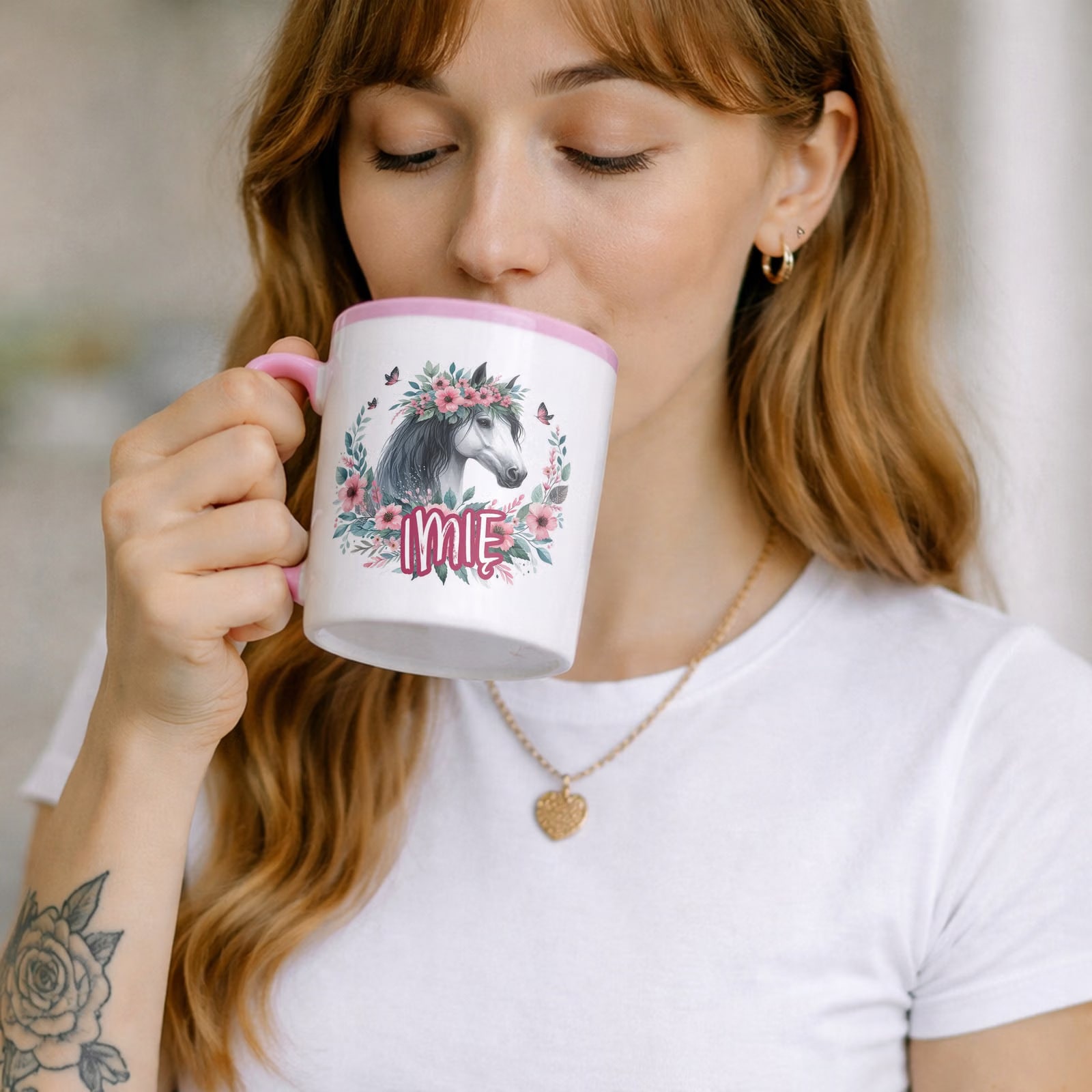 Kubek Różowy Personalizowany Z Koniem Koń Słodki Dla Dzieci Prezent