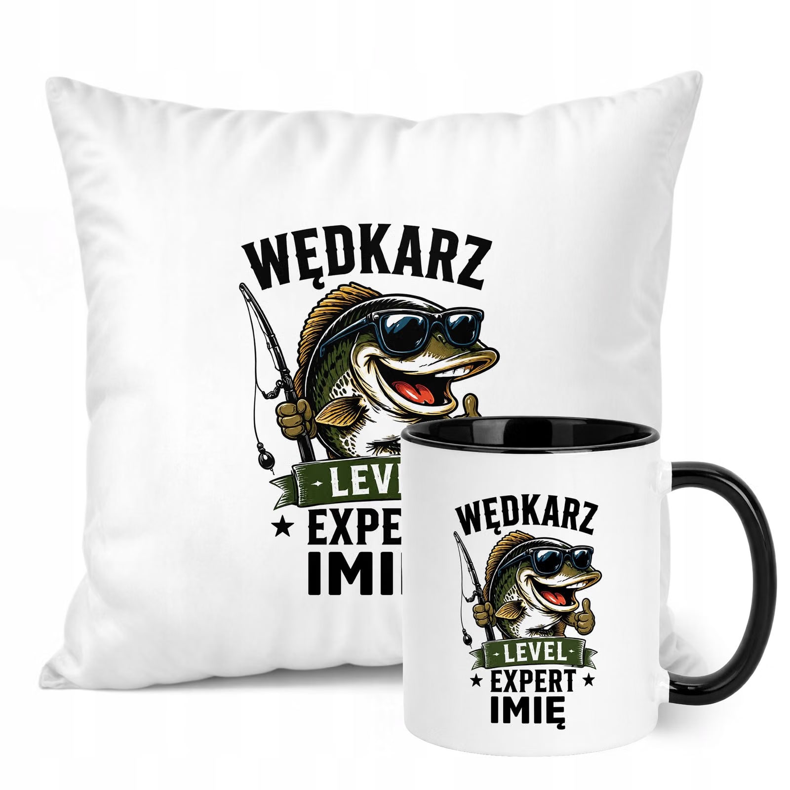 Zestaw Personalizowany Kubek Czarny Poduszka Z Nadrukiem Dla Wędkarza