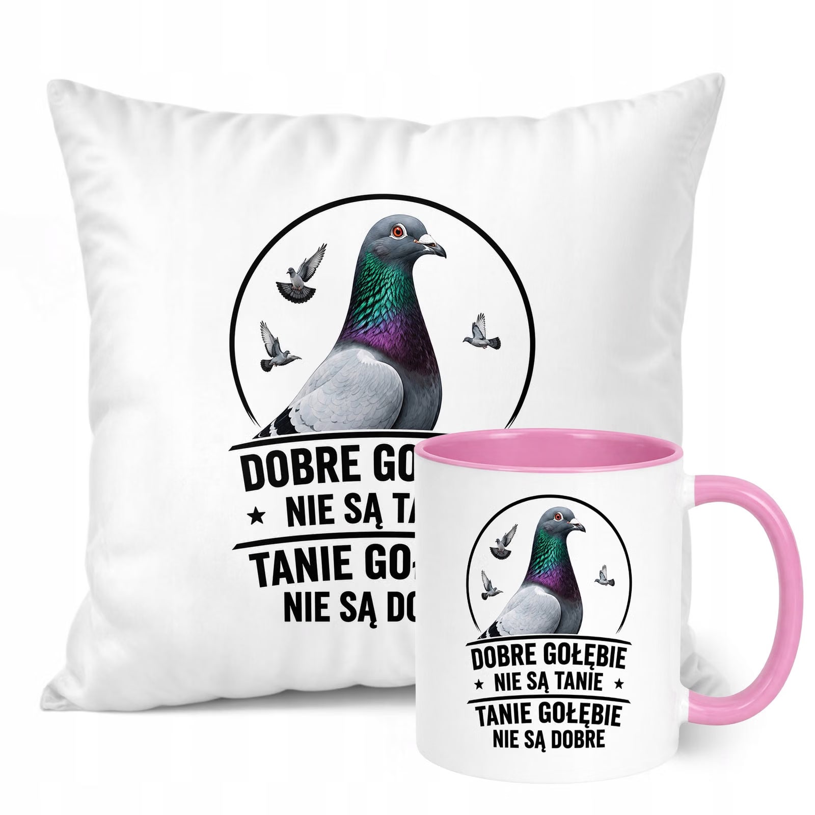 Zestaw Kubek Różowy Poduszka Z Nadrukiem Dla Gołębiarza Prezent