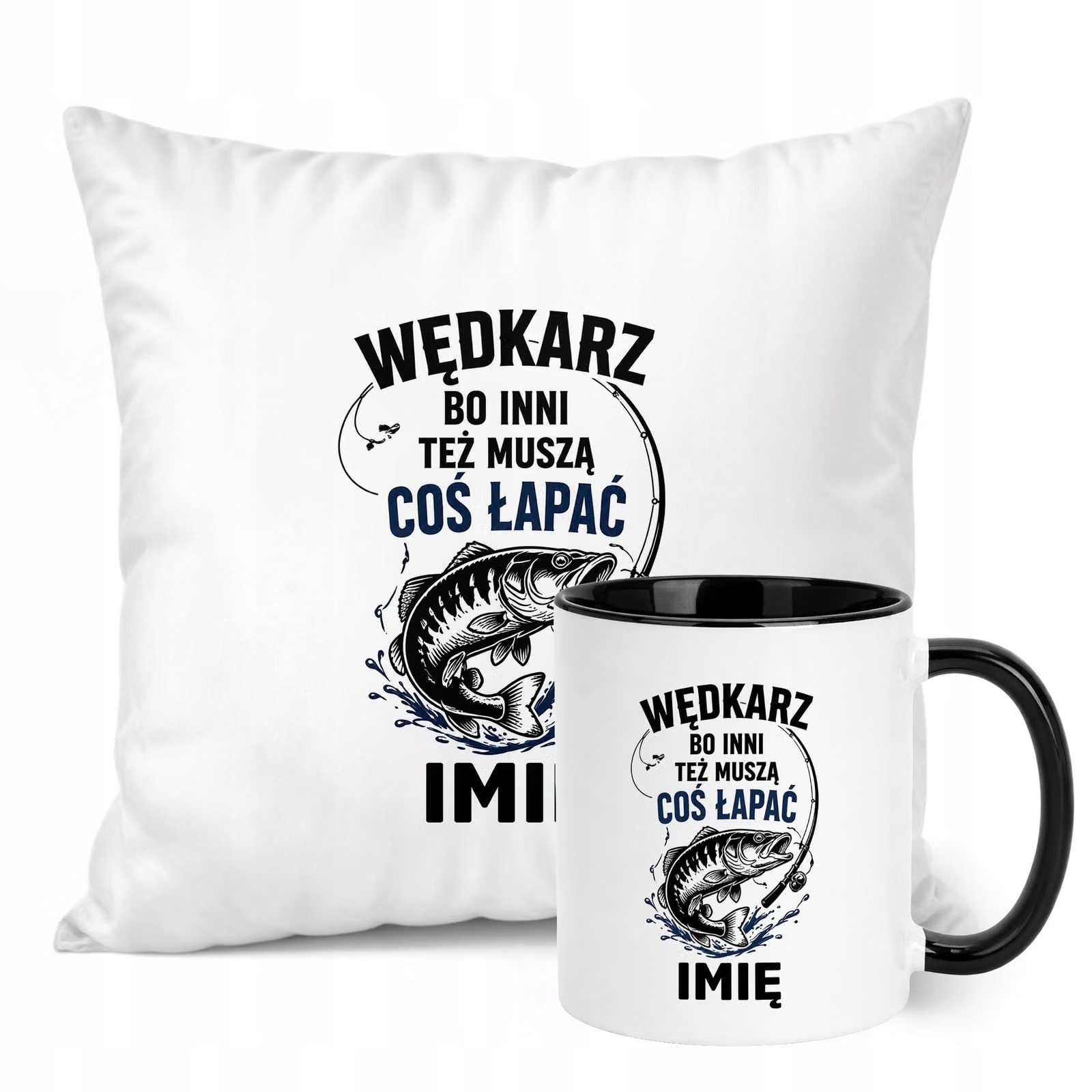 Zestaw Personalizowany Kubek Czarny Poduszka Z Nadrukiem Dla Wędkarza