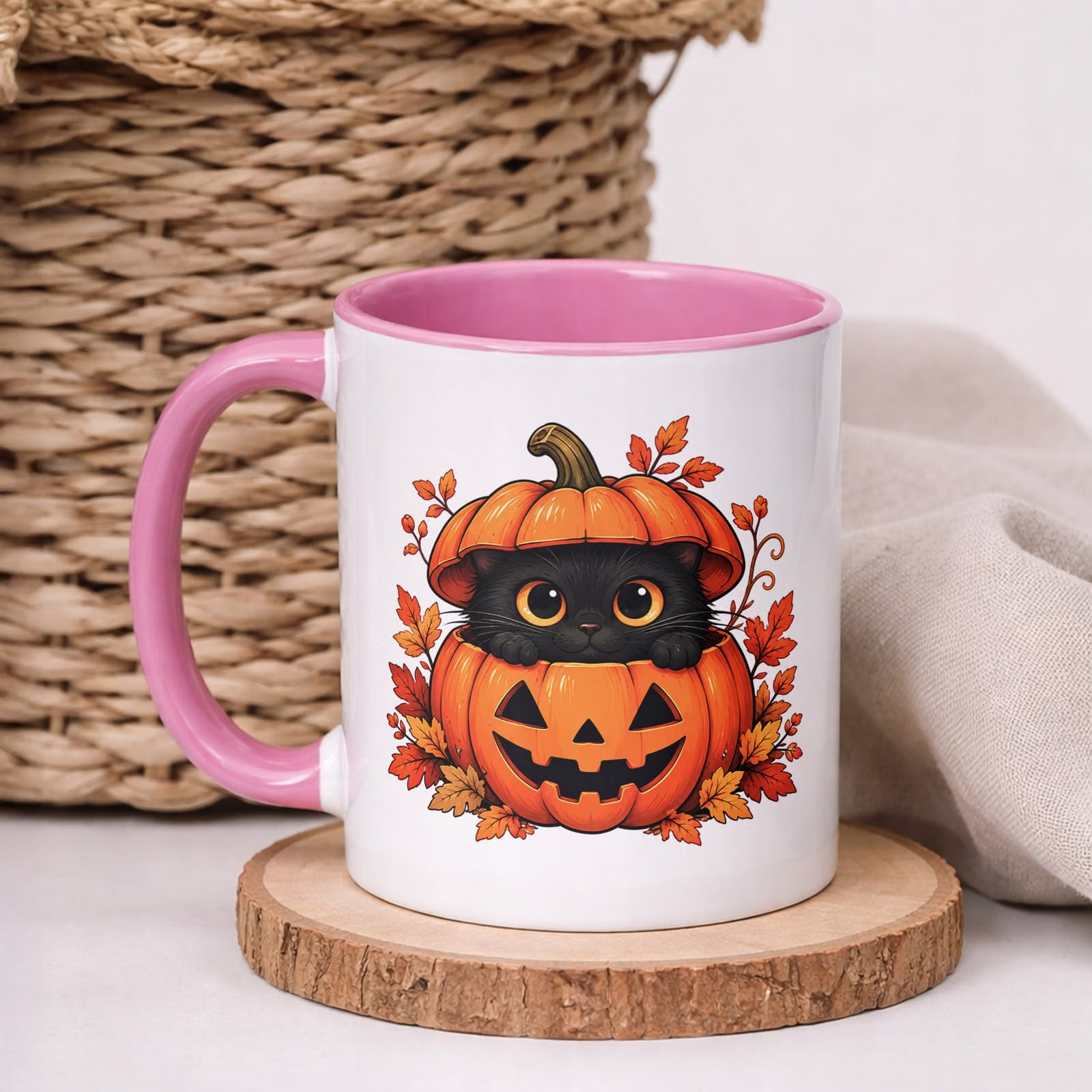 Kubek Różowy z Nadrukiem Halloween Jesień Kot Dynia Prezent Upominek