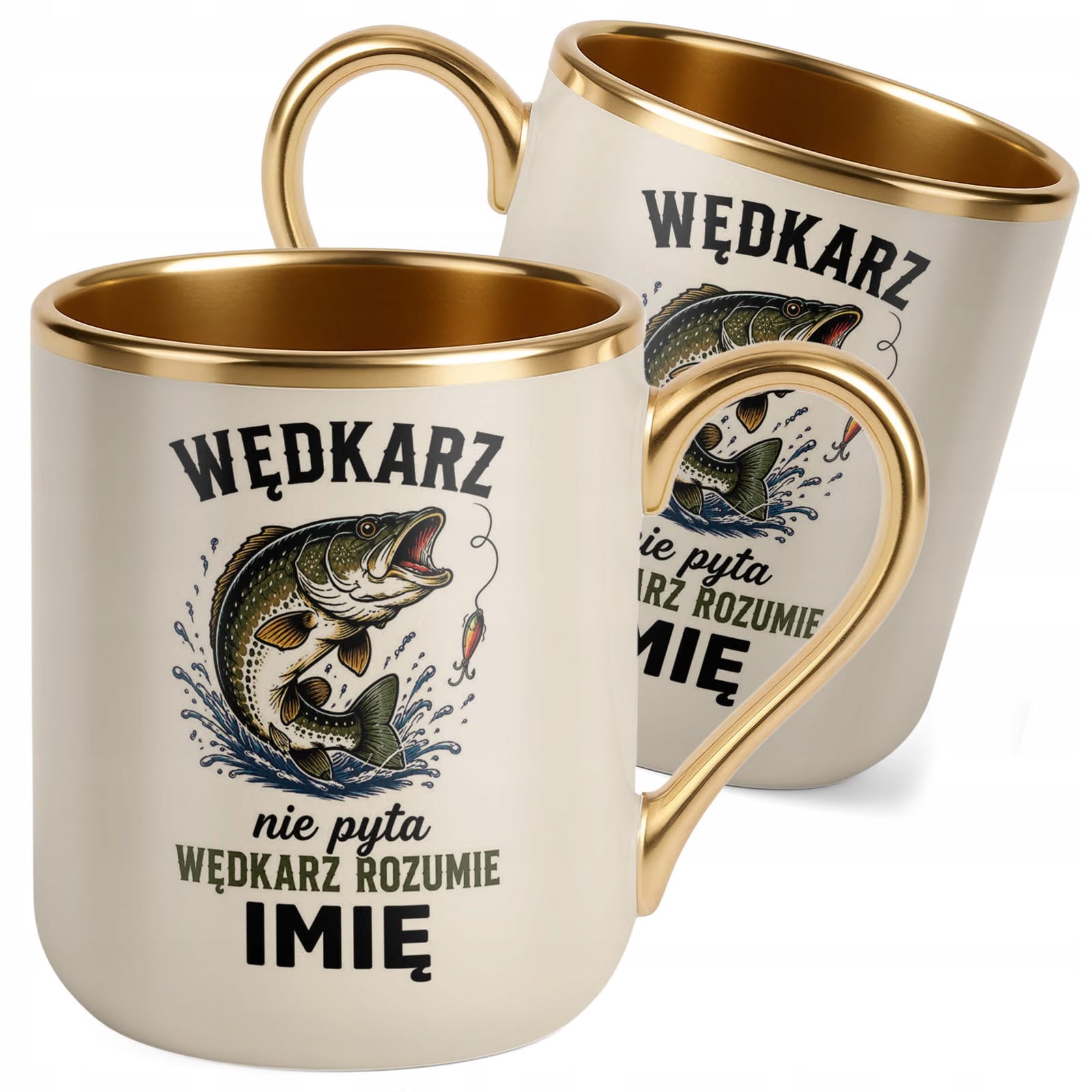 Kubek Personalizowany z nadrukiem Premium Złoty Ecru Dla Wędkarza Prezent
