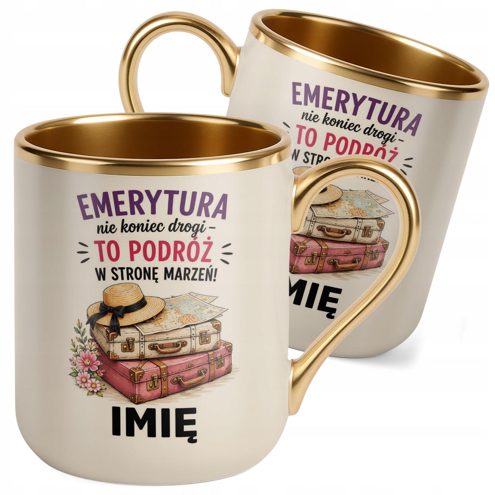 Kubek Personalizowany z nadrukiem Premium Złoty Ecru Emerytura Prezent