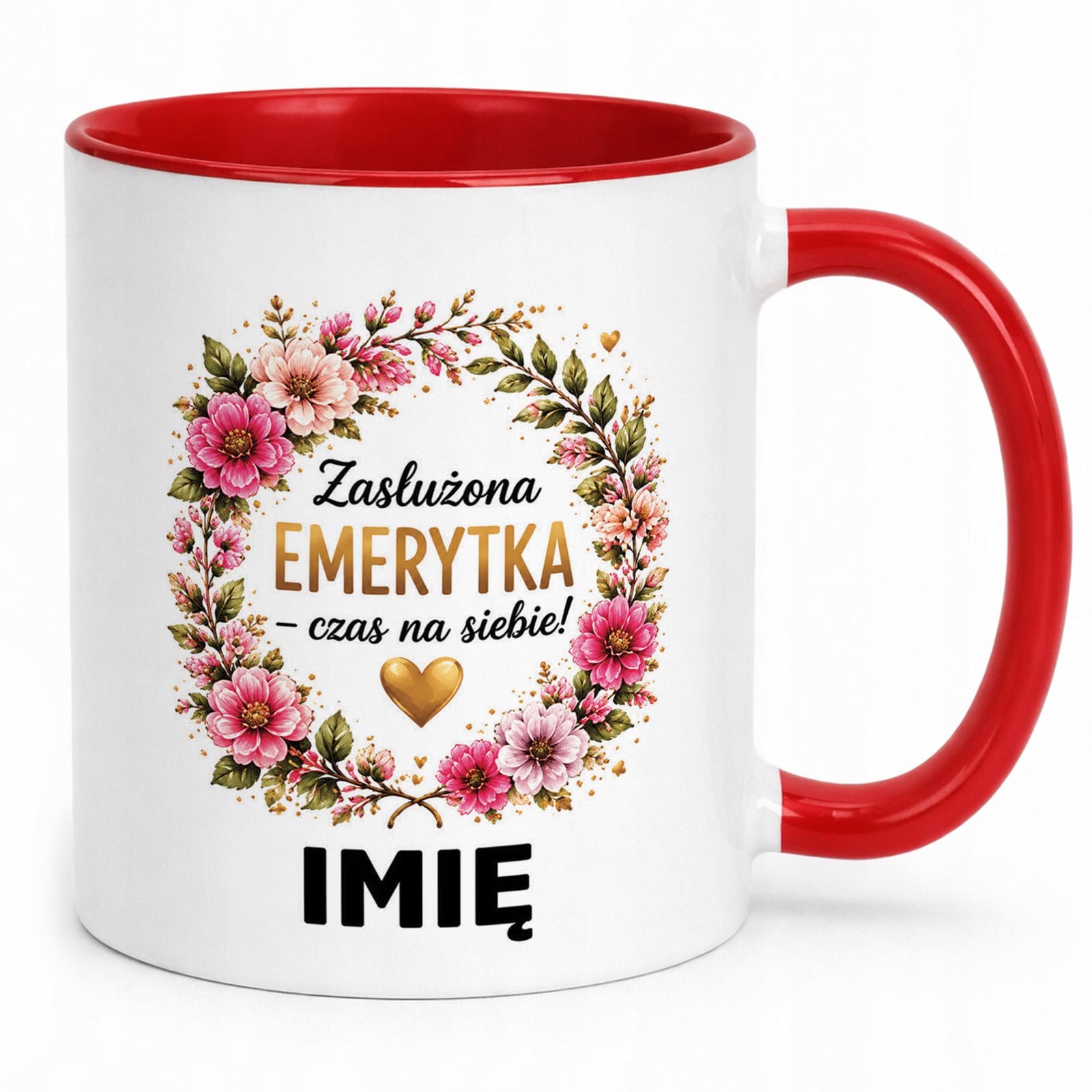 Kubek Czerwony Personalizowany z Nadrukiem Emerytura Dla Emerytki Prezent