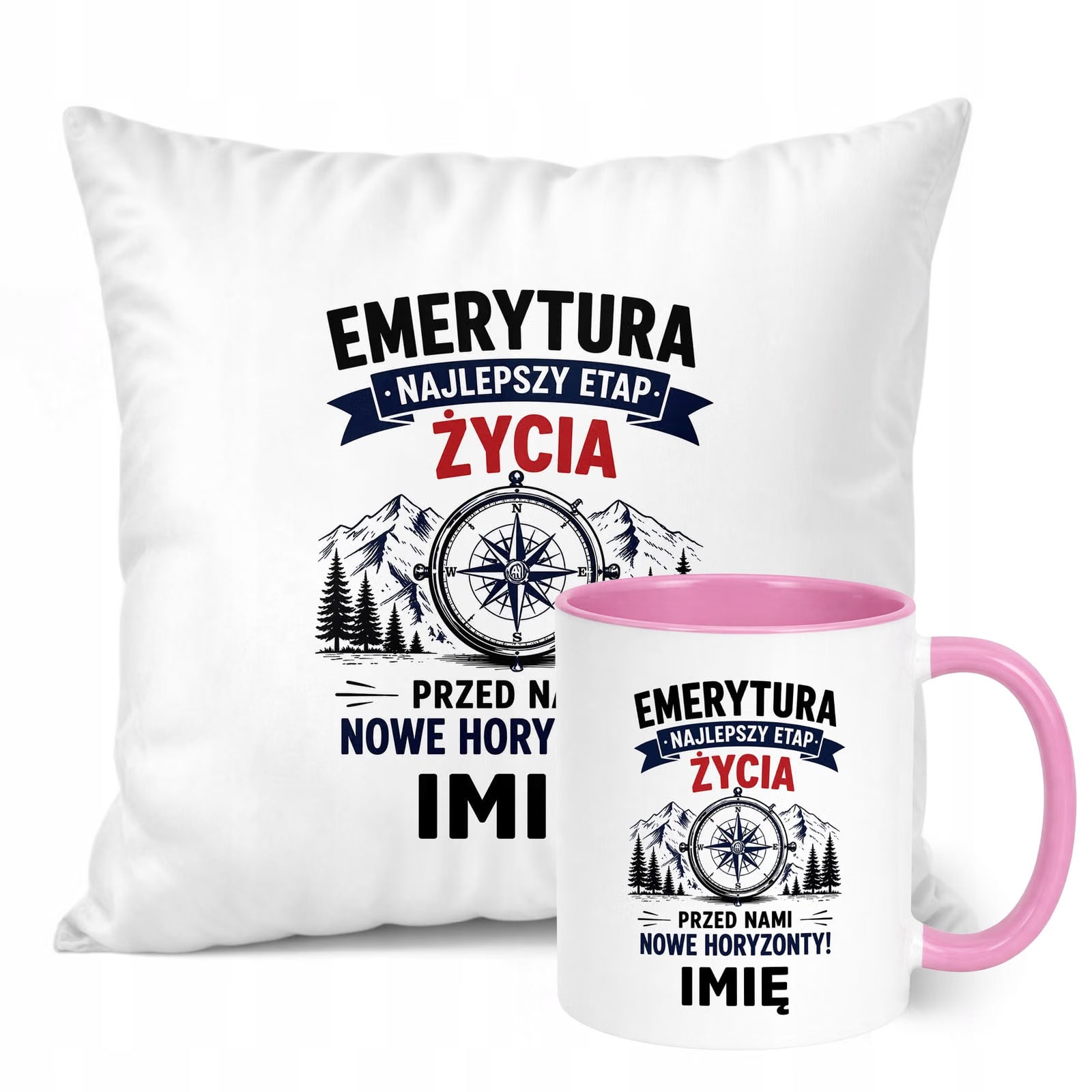 Zestaw Personalizowany Kubek Różowy Poduszka Emerytura Upominek Prezent