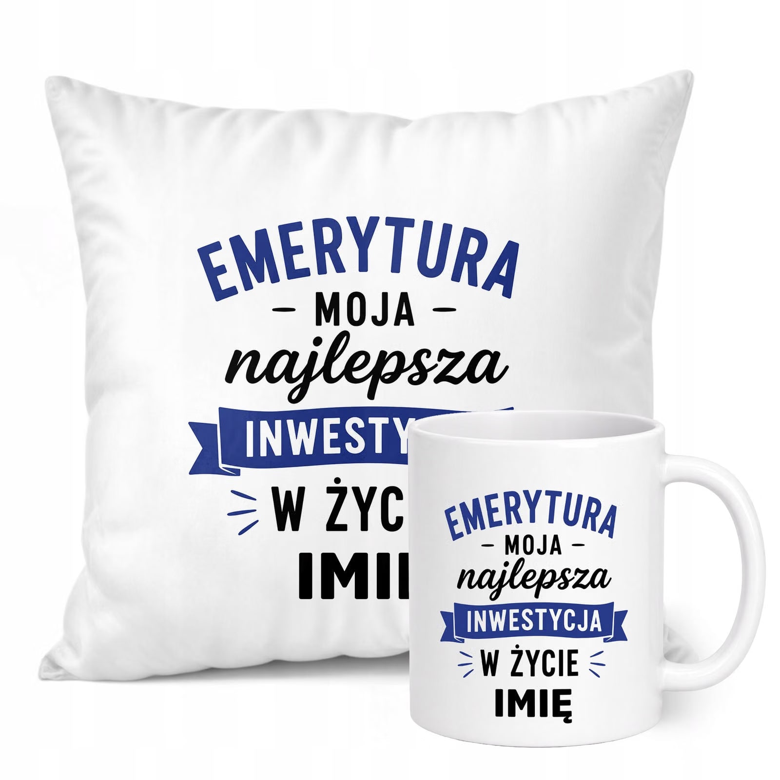 Zestaw Personalizowany Kubek Biały Poduszka Emerytura Dla Emeryta Prezent
