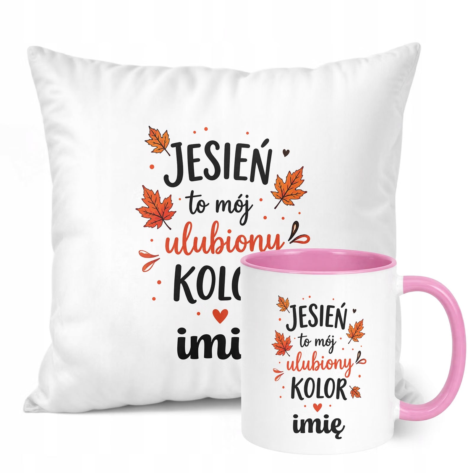 Zestaw Personalizowany Kubek Różowy Poduszka Jesień Jesienny Z Nadrukiem