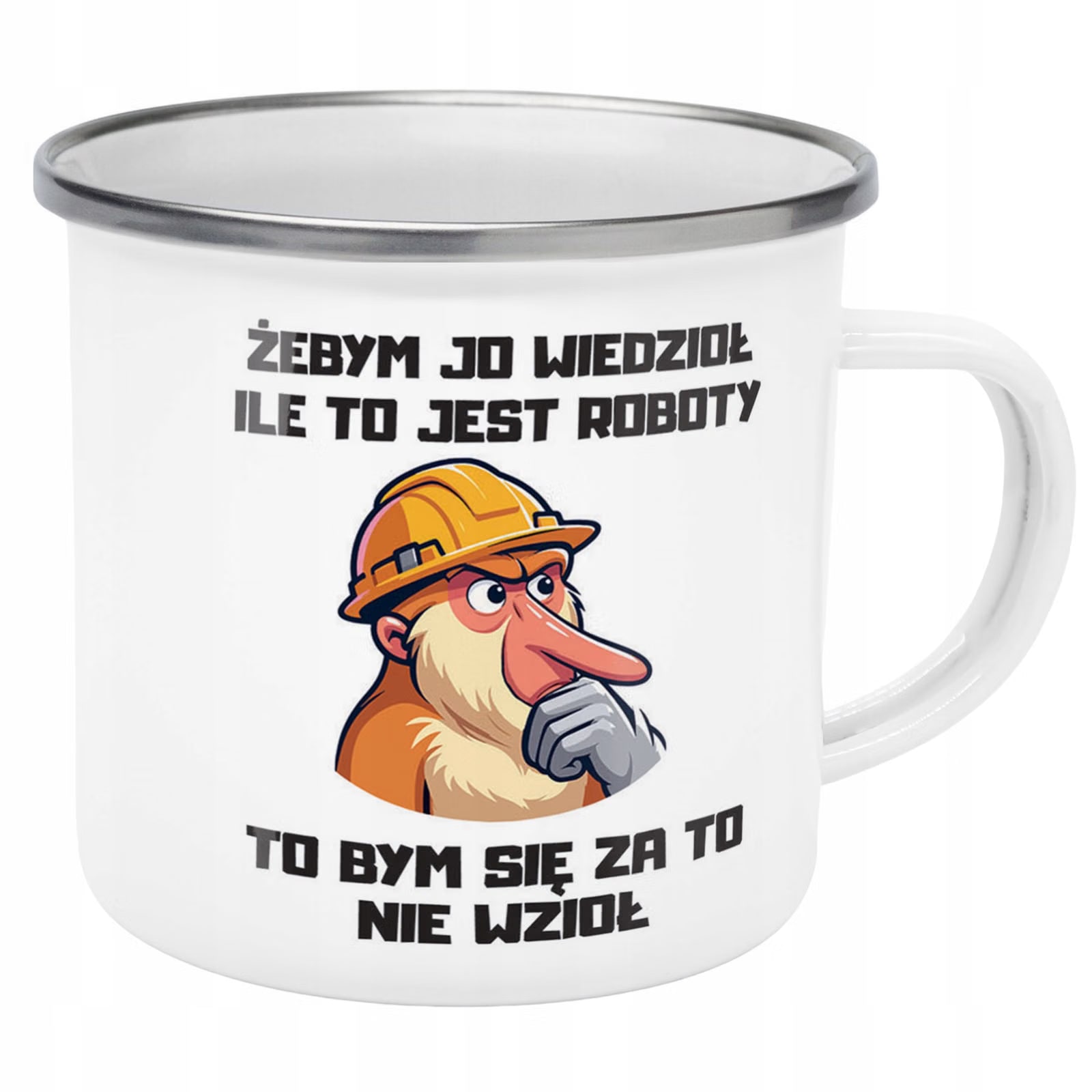 Kubek Emaliowany Janusz Nosacz Do Pracy Zabawny z Nadrukiem Biały Metalowy