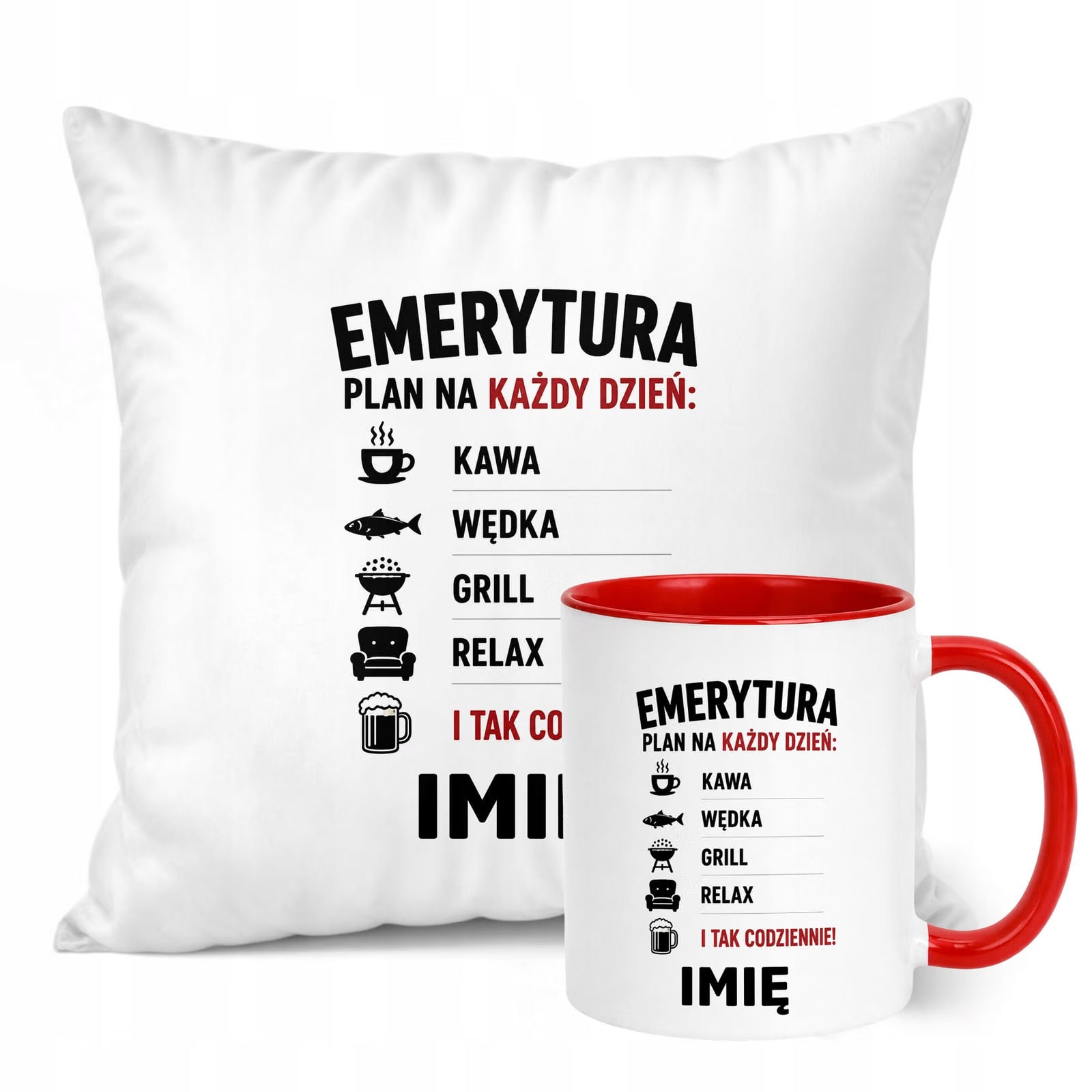 Zestaw Personalizowany Kubek Czerwony Poduszka Emerytura Upominek Prezent