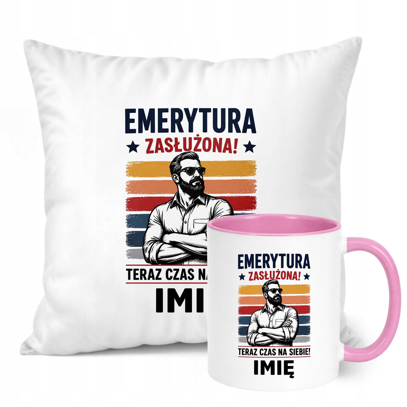 Zestaw Personalizowany Kubek Różowy Poduszka Emerytura Upominek Prezent
