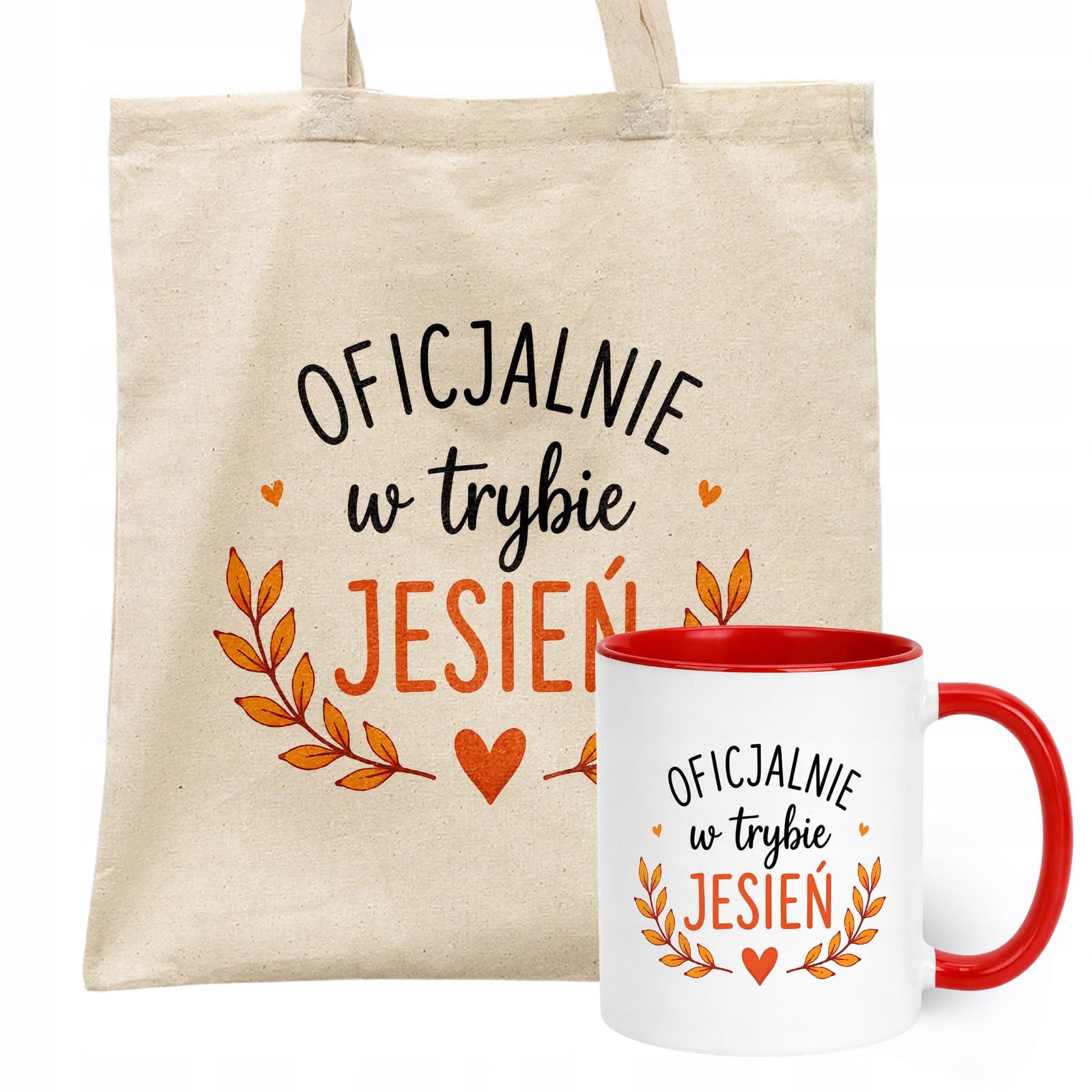 Zestaw Kubek Czerwony Torba Shopper Ecru Z Nadrukiem Jesień Jesienny