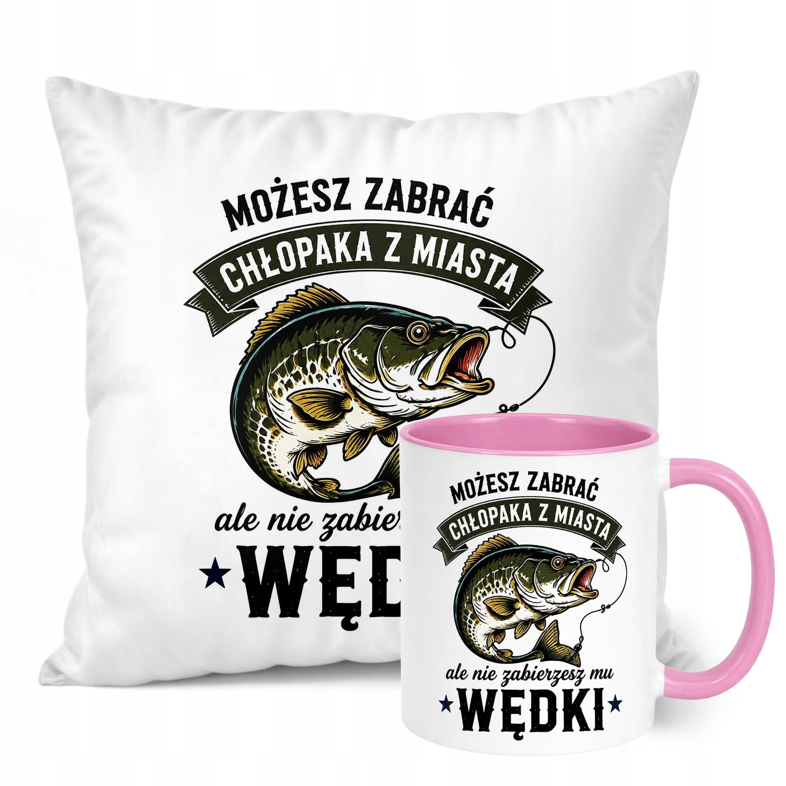 Zestaw Kubek Różowy Poduszka Z Nadrukiem Dla Wędkarza Prezent
