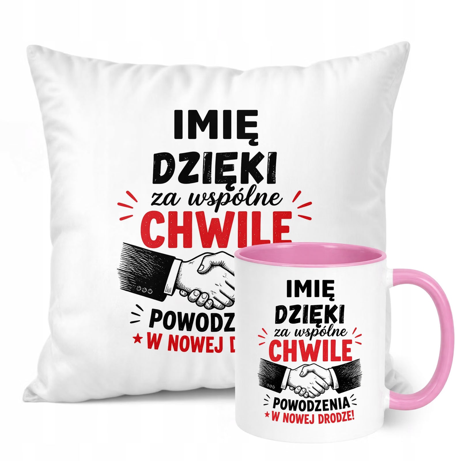 Zestaw Personalizowany Kubek Różowy Poduszka Odejście z Pracy Prezent
