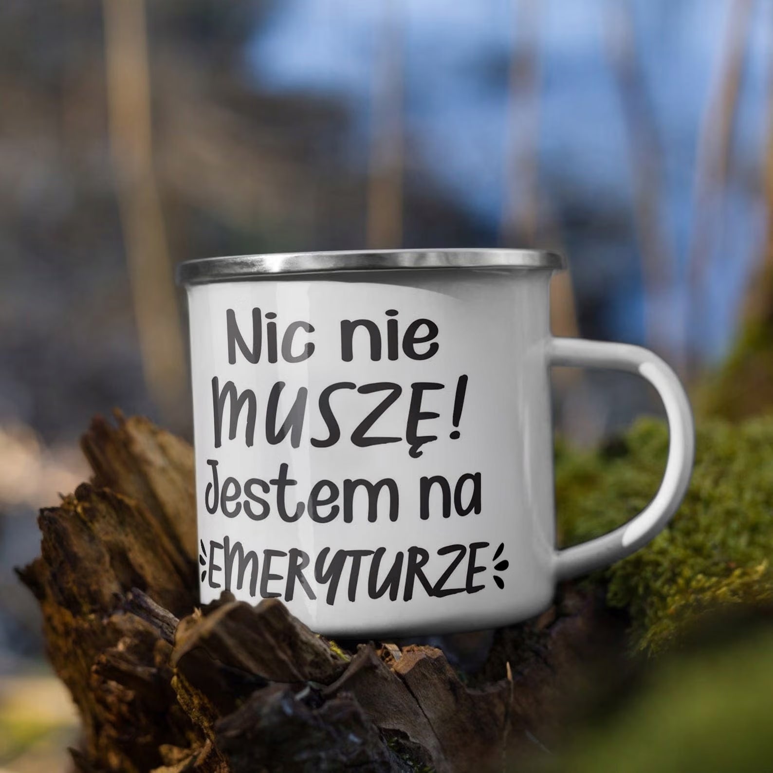 Kubek Emaliowany z okazji Emerytury Dla Emeryta z Nadrukiem Biały Metalowy