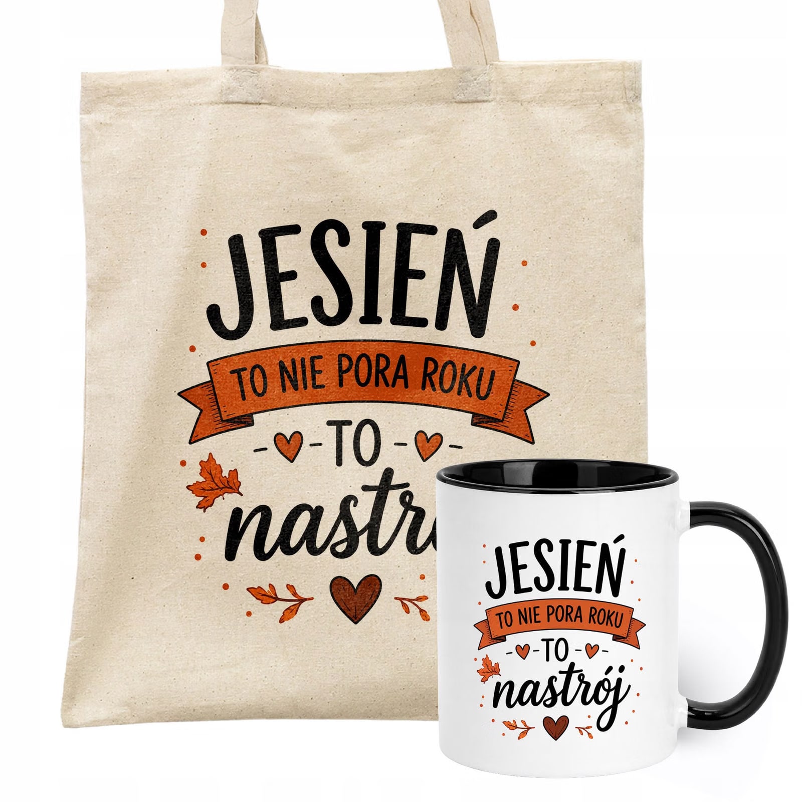 Zestaw Kubek Czarny Torba Shopper Ecru Z Nadrukiem Jesień Jesienny