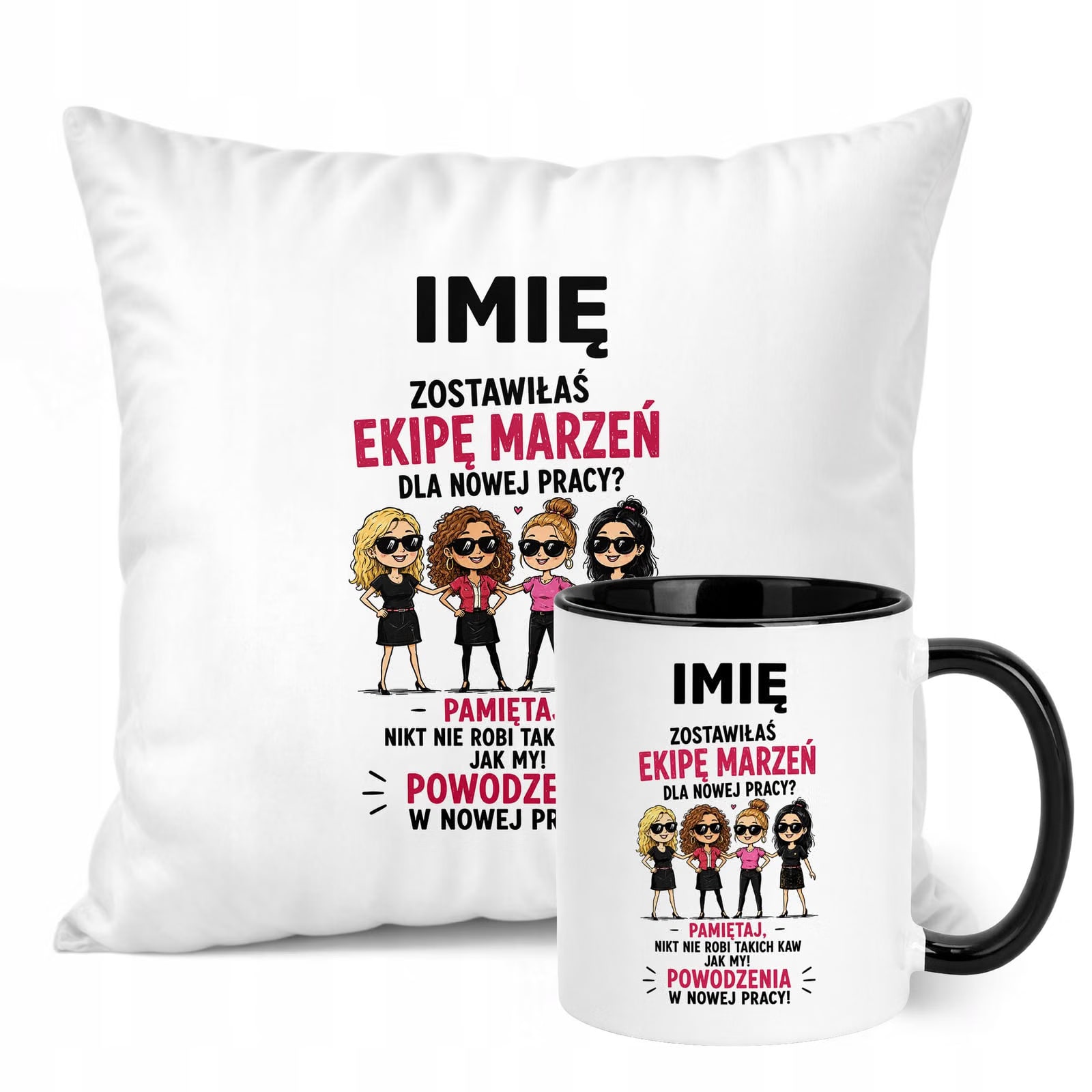 Zestaw Personalizowany Kubek Czarny Poduszka Odejście z Pracy Prezent