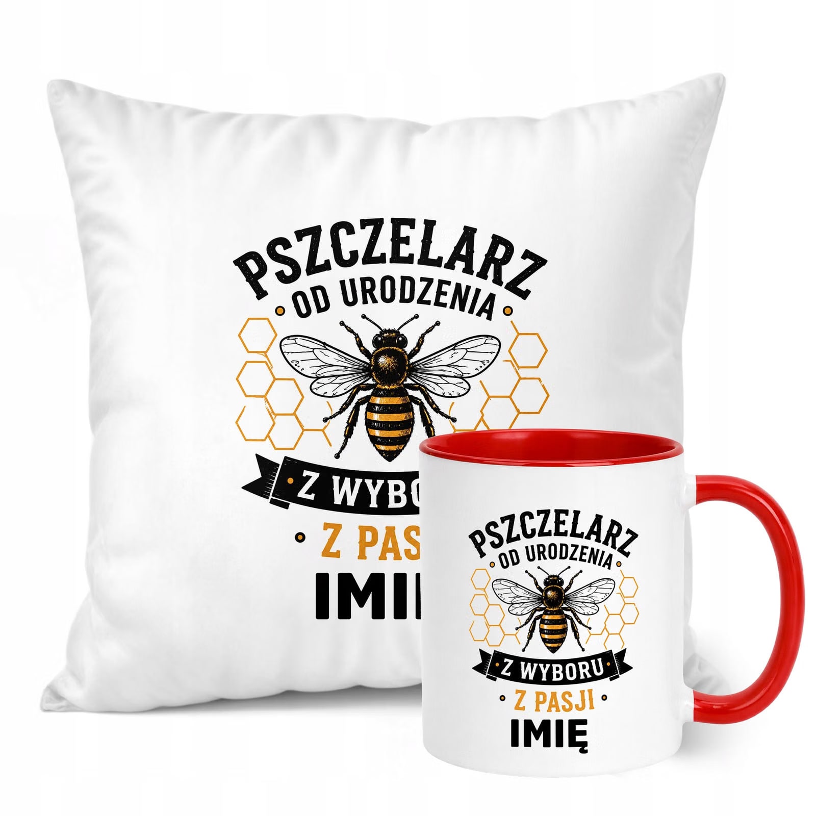 Zestaw Personalizowany Kubek Czerwony Poduszka Z Nadrukiem Dla Pszczelarza
