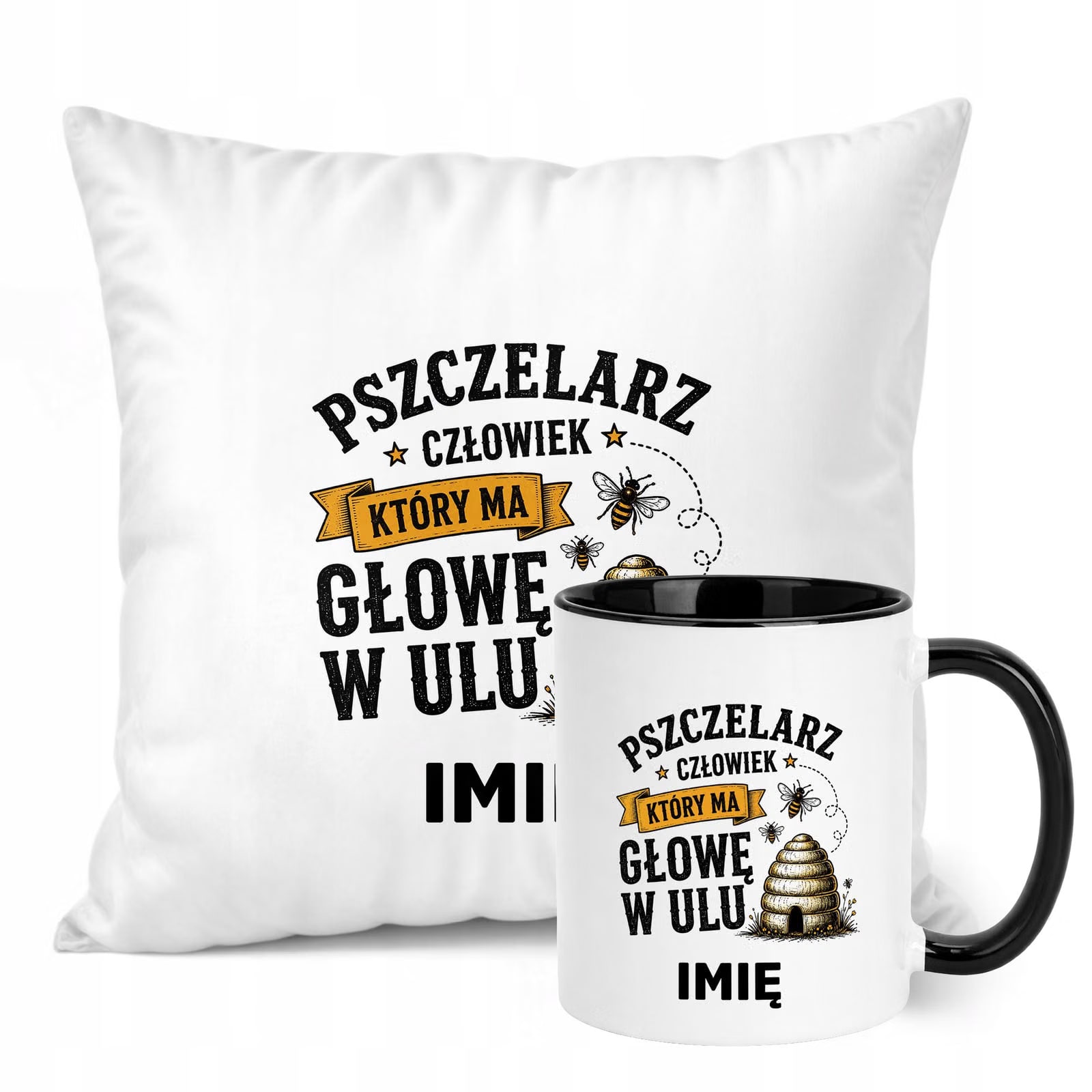 Zestaw Personalizowany Kubek Czarny Poduszka Z Nadrukiem Dla Pszczelarza