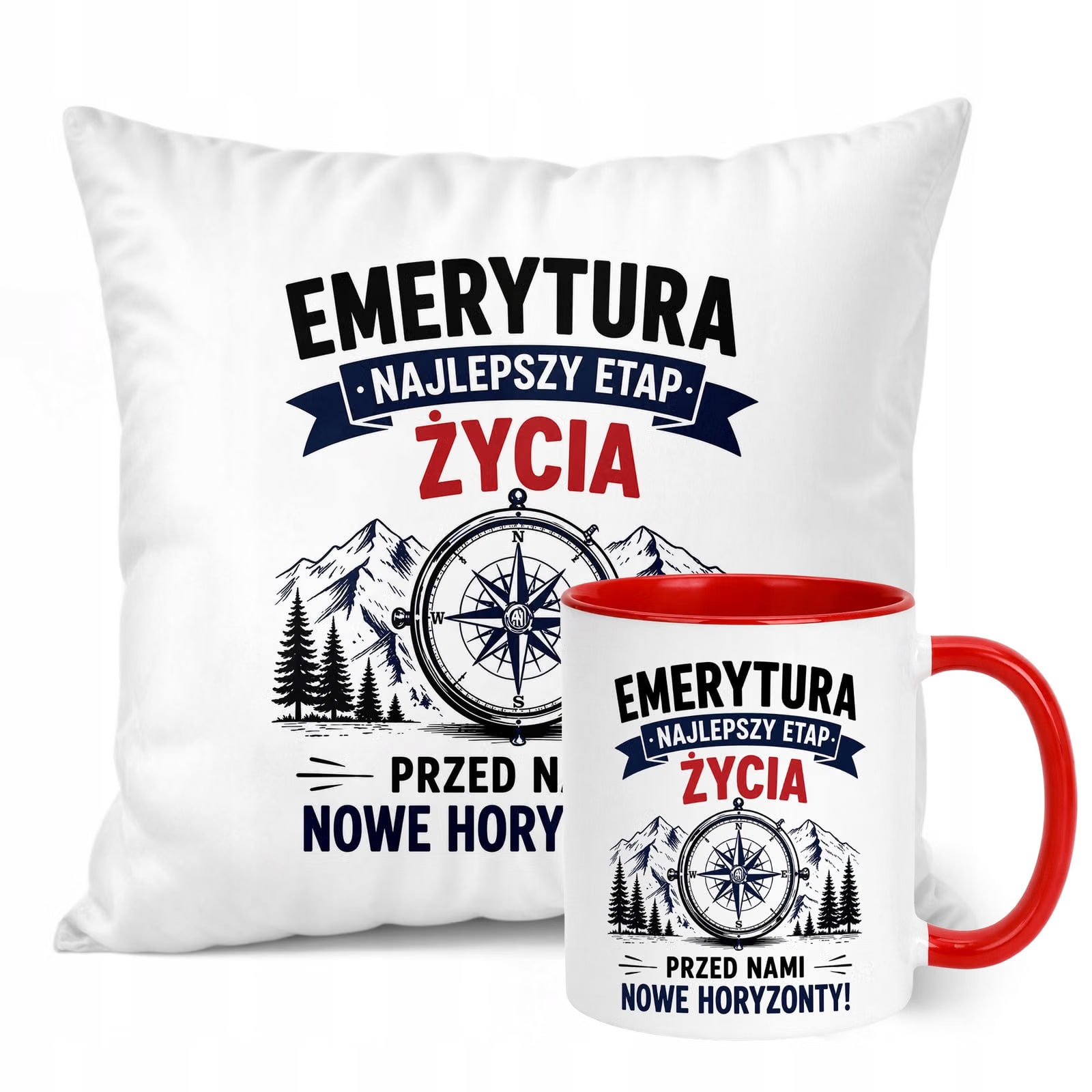 Zestaw Kubek Czerwony Poduszka Z Nadrukiem Emerytura Dla Emeryta Prezent