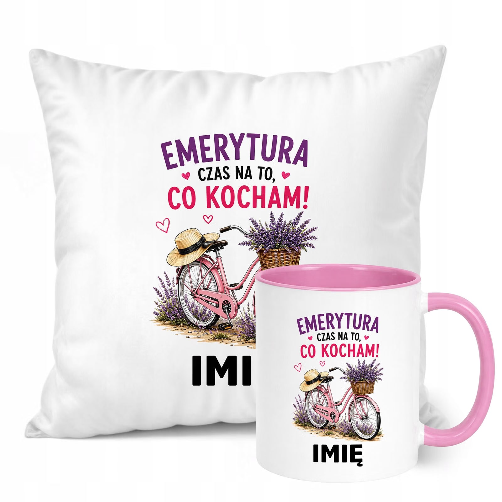 Zestaw Personalizowany Kubek Różowy Poduszka Emerytura Upominek Prezent