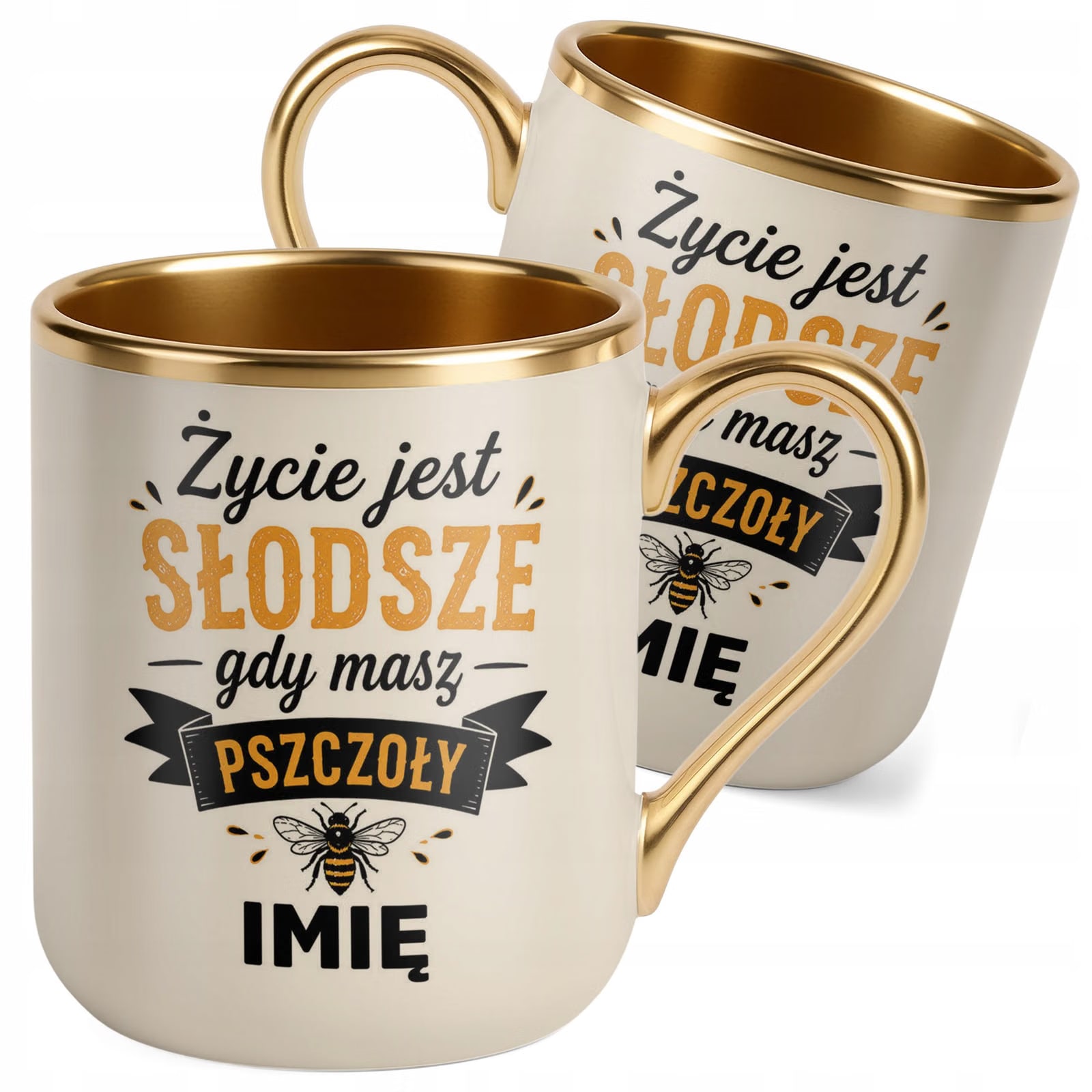 Kubek Personalizowany z nadrukiem Premium Złoty Ecru Dla Pszczelarza