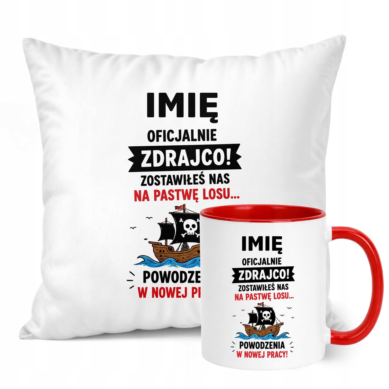 Zestaw Personalizowany Kubek Czerwony Poduszka Odejście z Pracy Prezent