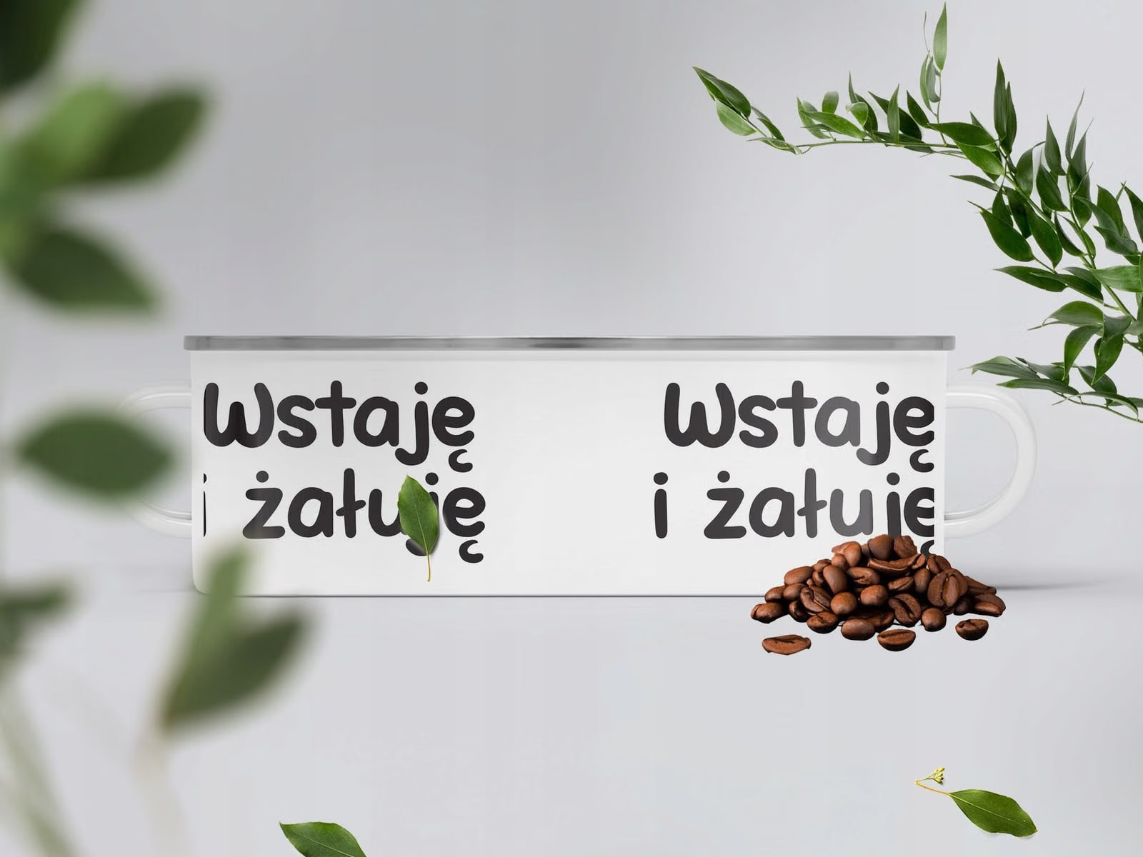 Kubek Emaliowany Wstaje i Żałuję Zabawny z Nadrukiem Biały Metalowy