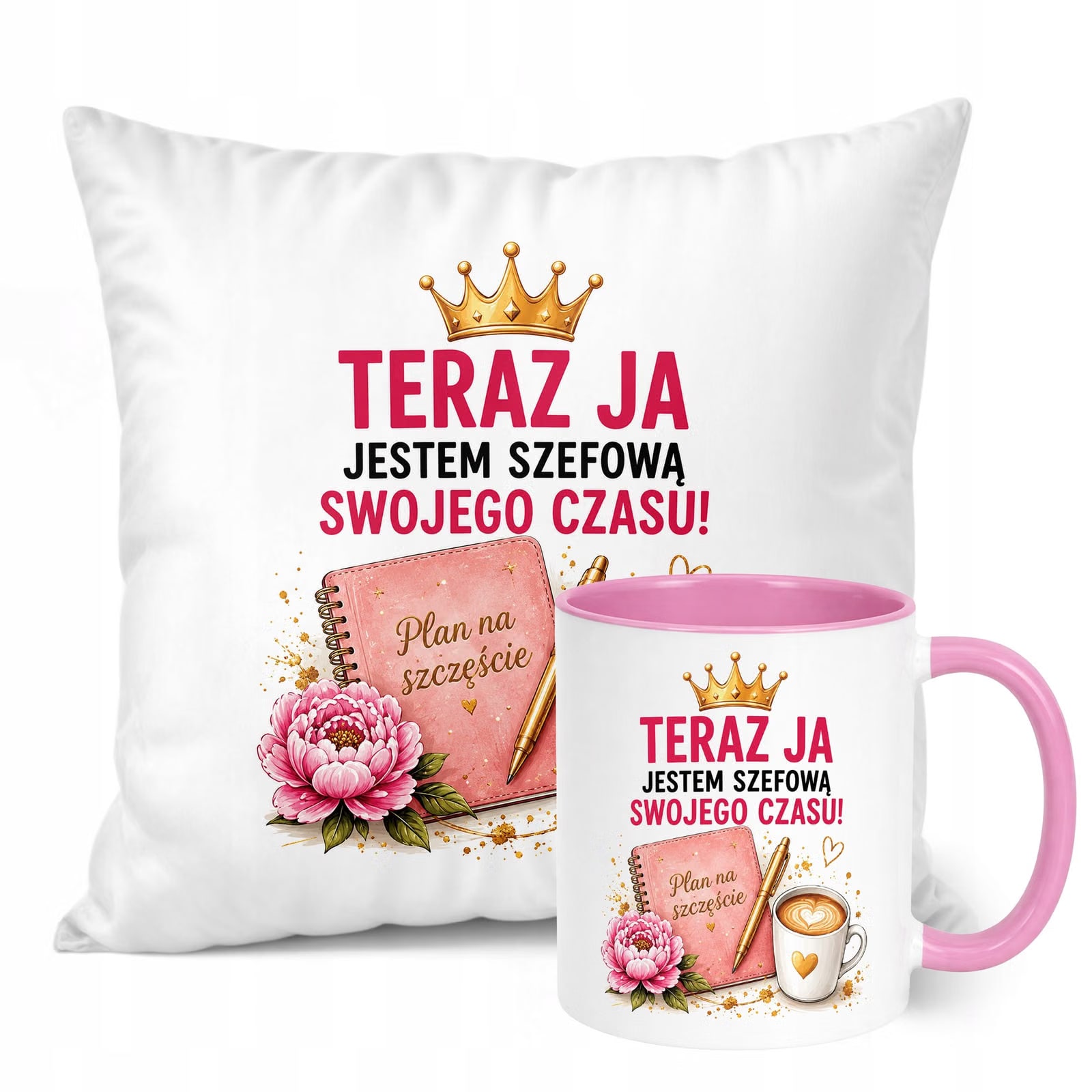 Zestaw Kubek Różowy Poduszka Z Nadrukiem Emerytura Dla Emerytki Prezent