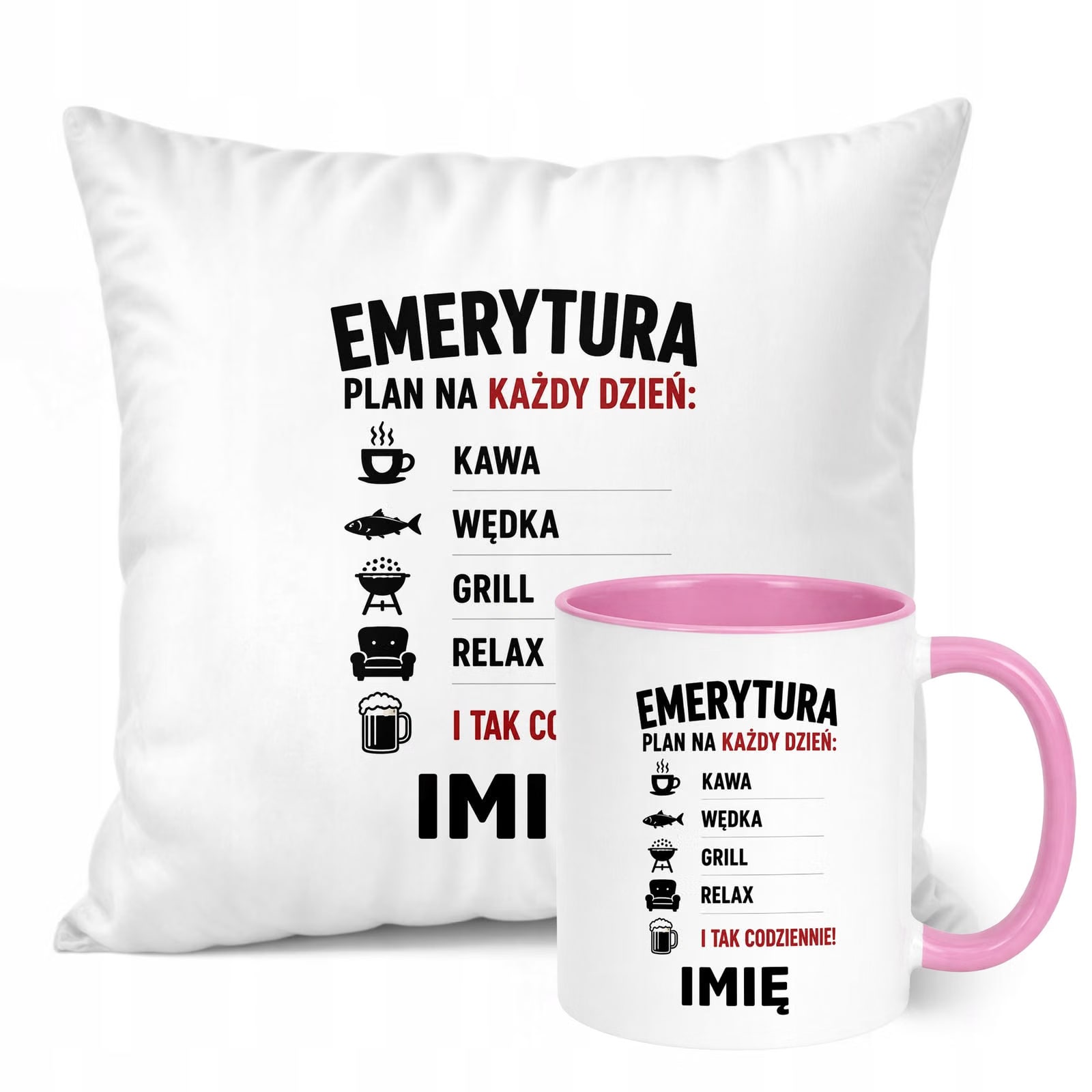 Zestaw Personalizowany Kubek Różowy Poduszka Emerytura Upominek Prezent