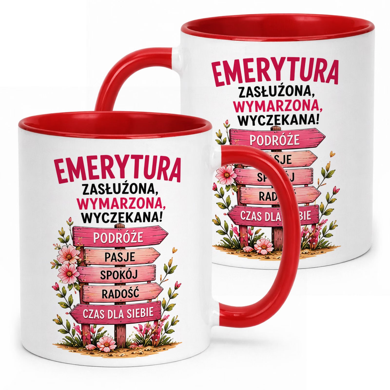 Kubek Czerwony z nadrukiem Emerytura Dla Emerytki Upominek Prezent