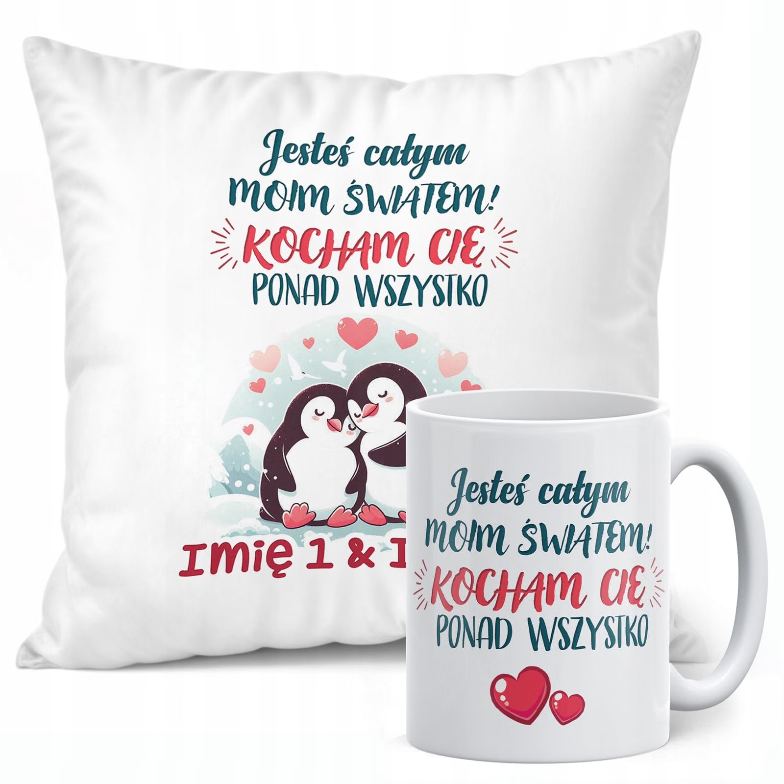 Zestaw Kubek + Poduszka 38x38 cm Walentynki Z imionami Dla Pary Prezent