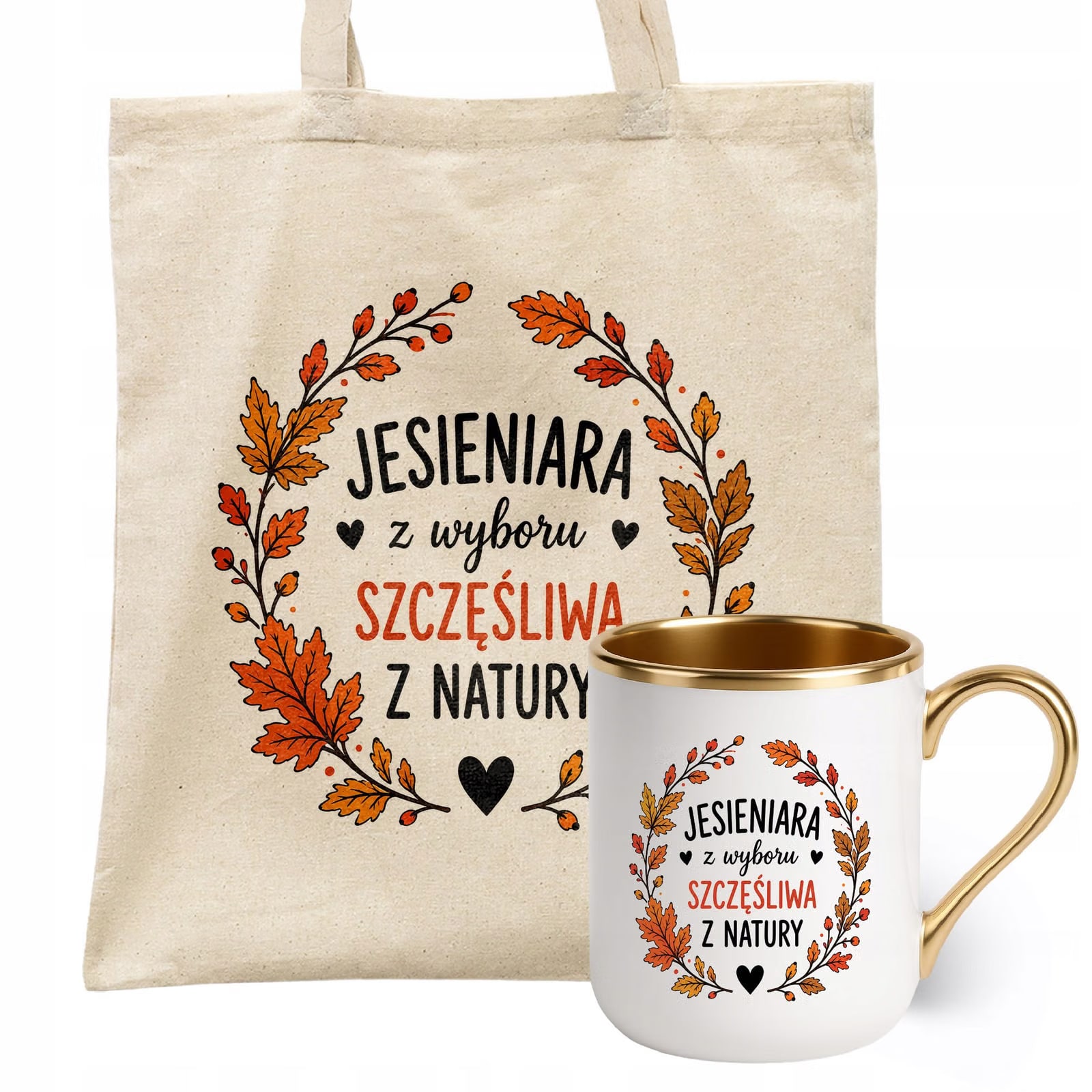 Zestaw Kubek Premium Złoty Torba Shopper Ecru Z Nadrukiem Jesień