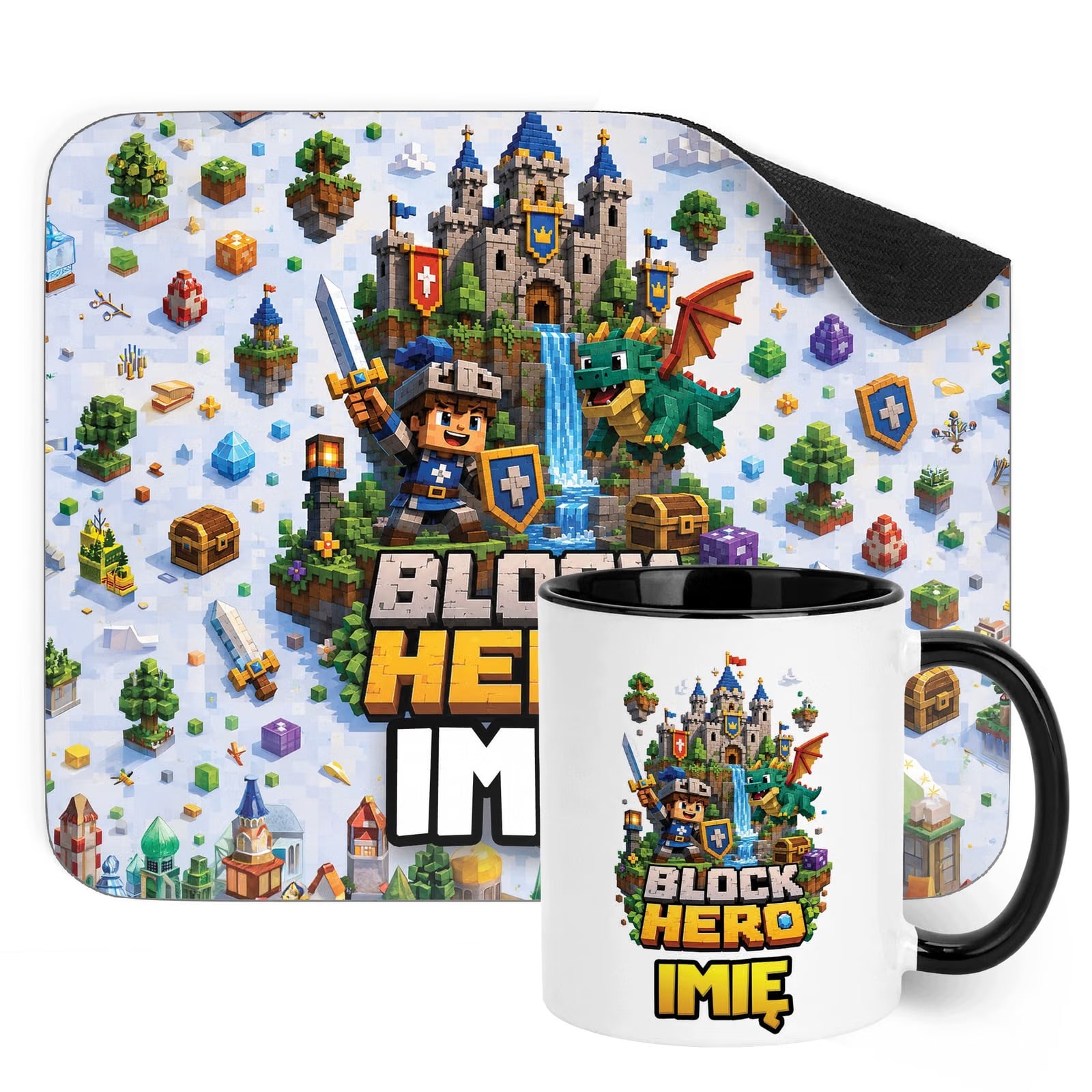 Zestaw personalizowany Kubek Czarny Podkładka pod mysz gra Block Hero