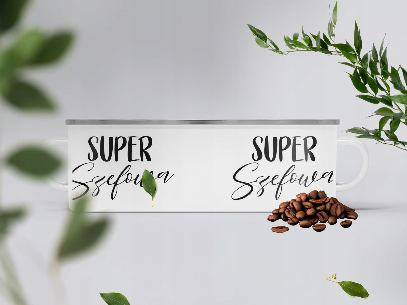 Kubek Emaliowany Super Szefowa Dla Kobiety z Nadrukiem Biały Metalowy