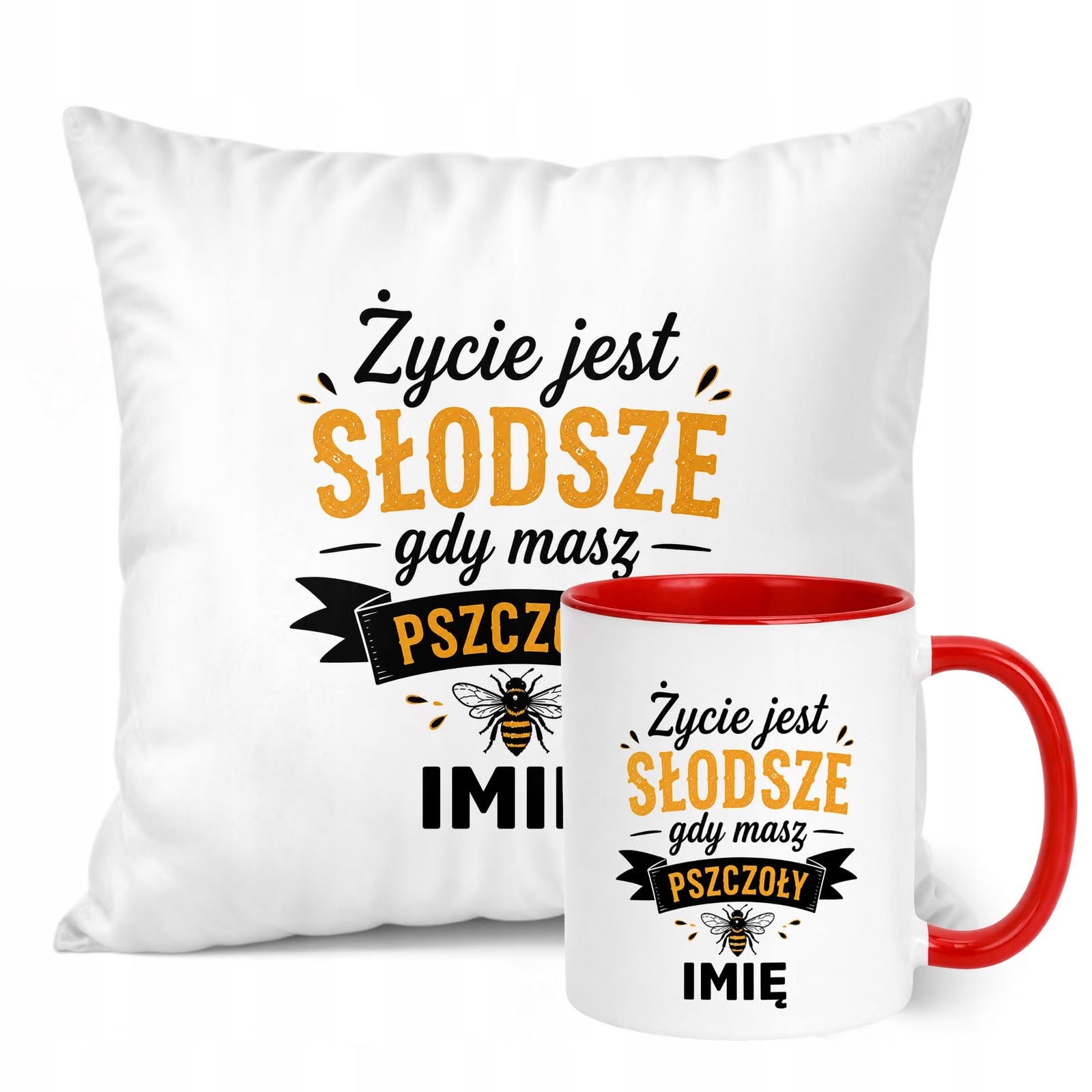 Zestaw Personalizowany Kubek Czerwony Poduszka Z Nadrukiem Dla Pszczelarza