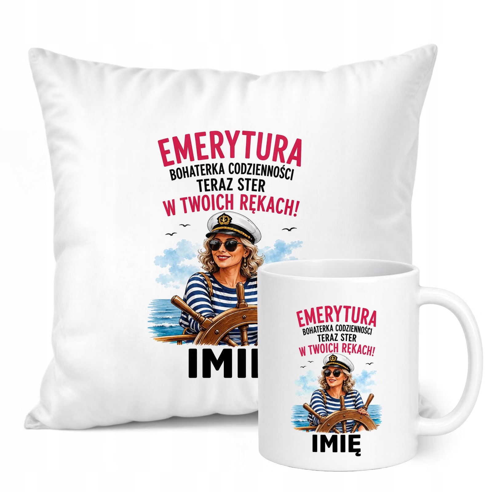 Zestaw Personalizowany Kubek Biały Poduszka Emerytura Dla Emerytki Prezent