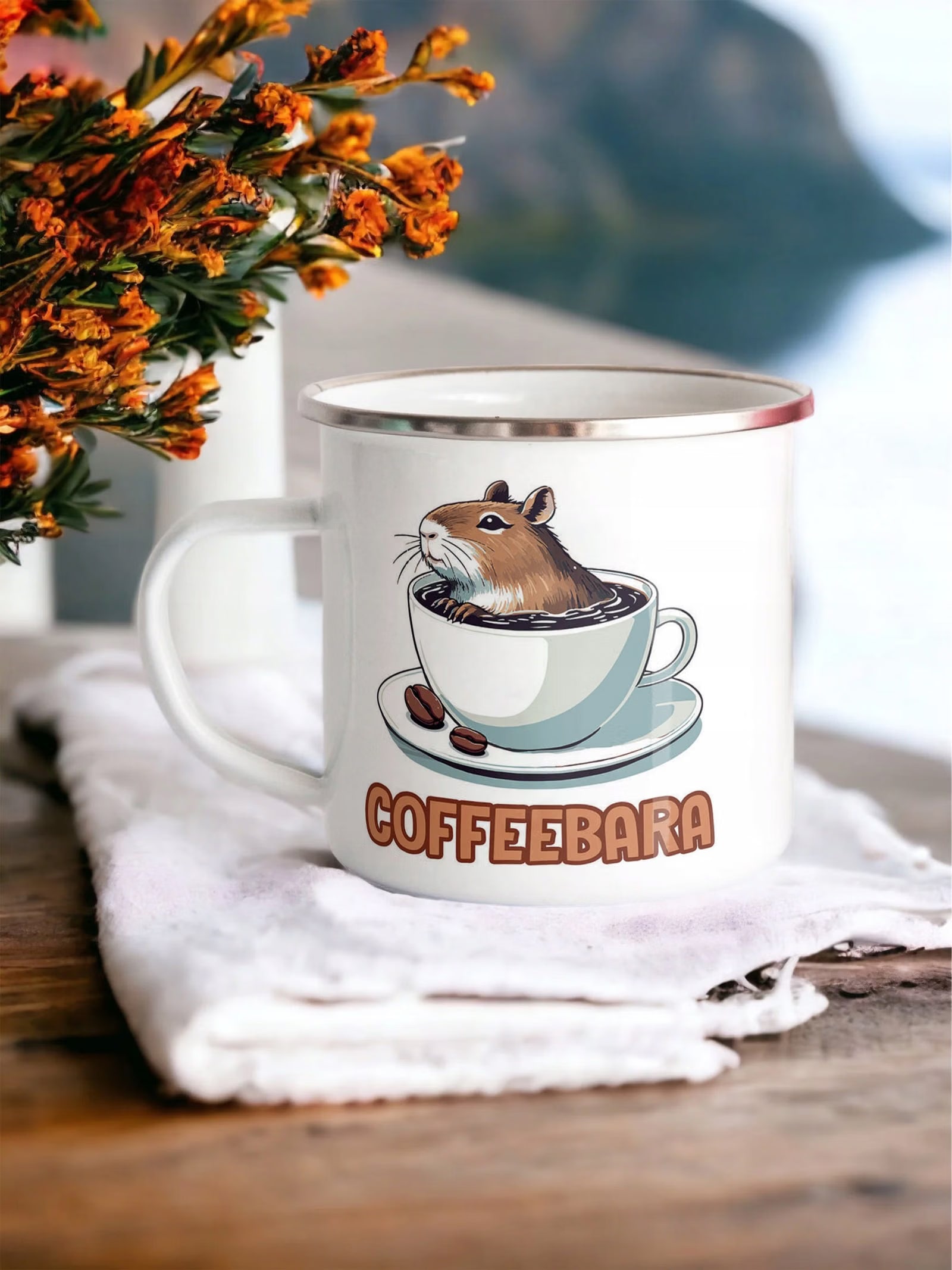 Kubek Emaliowany Kapibara Capybara Zwierzak z Nadrukiem Biały Metalowy