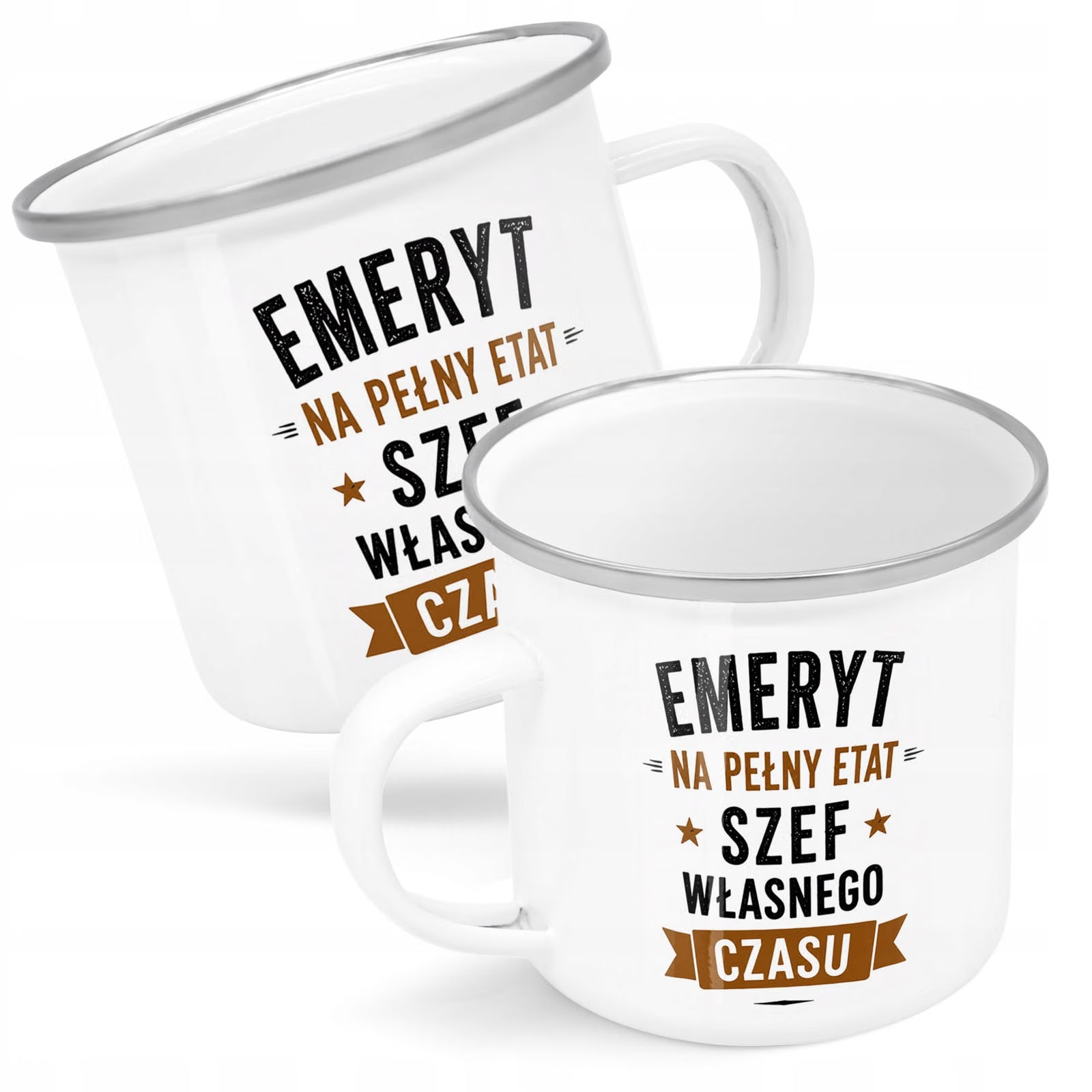 Kubek Emaliowany Emerytura Dla Emeryta z Nadrukiem Biały Metalowy Prezent