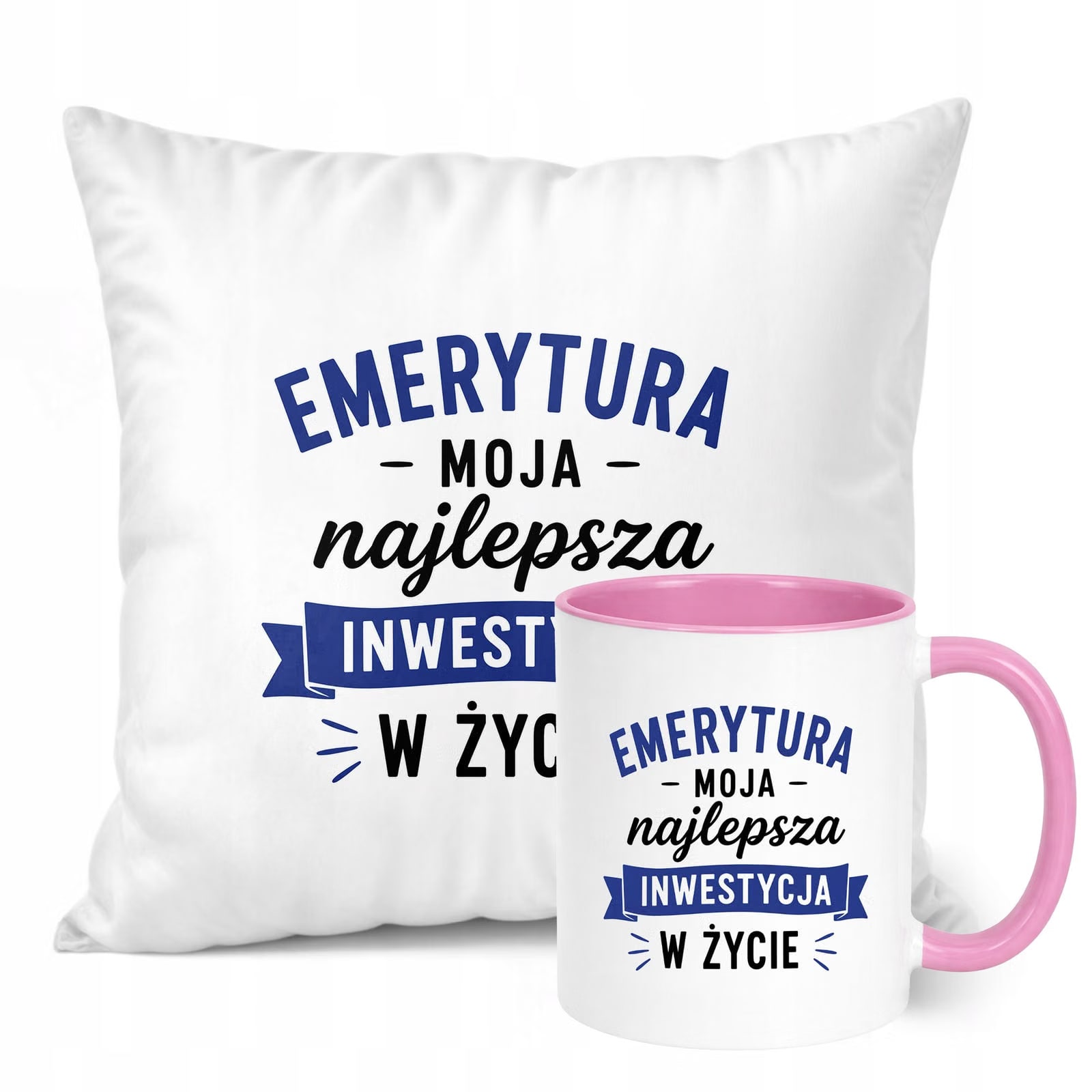 Zestaw Kubek Różowy Poduszka Z Nadrukiem Emerytura Dla Emeryta Prezent