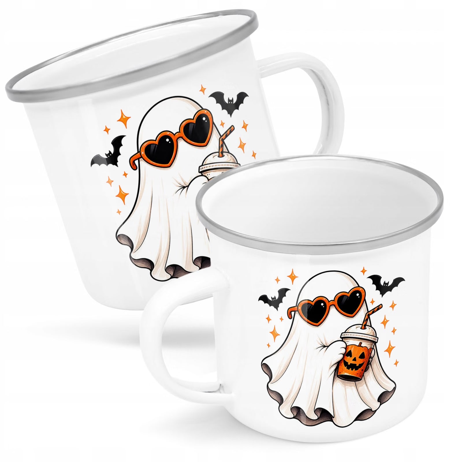 Kubek Emaliowany Halloween Duch Dynia z Nadrukiem Biały Metalowy Prezent