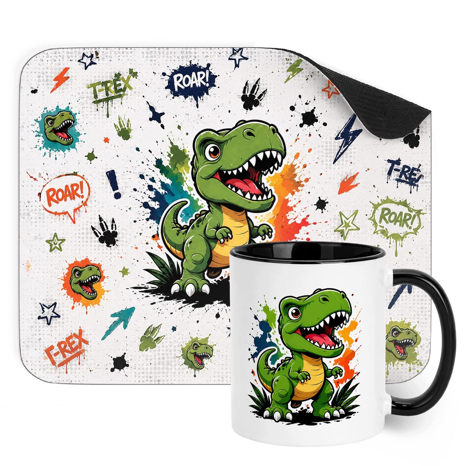 Zestaw Kubek Czarny Podkładka pod mysz z nadrukiem T-rex